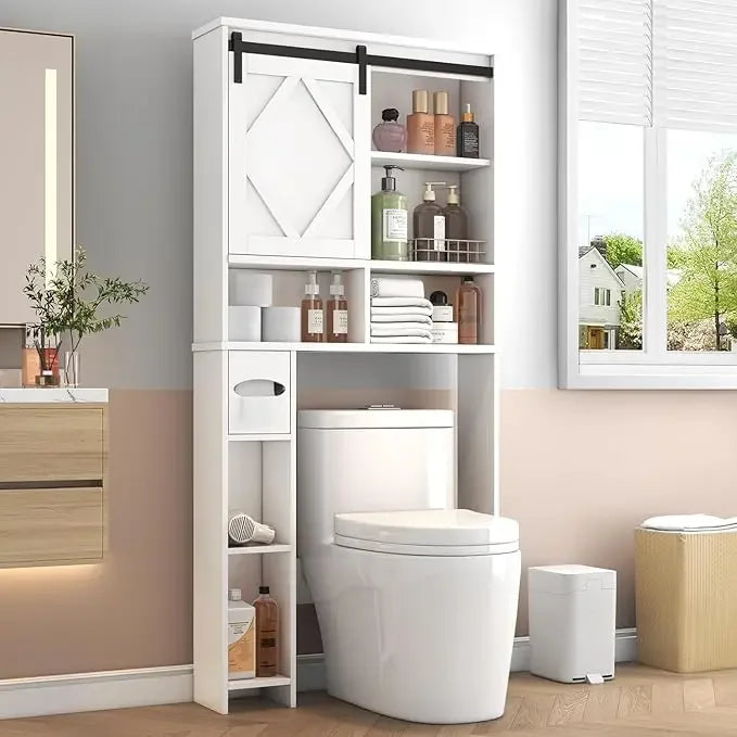 XMSJ Farmhouse Toilet Storage Cabinet With Sliding Barn Door Organizer