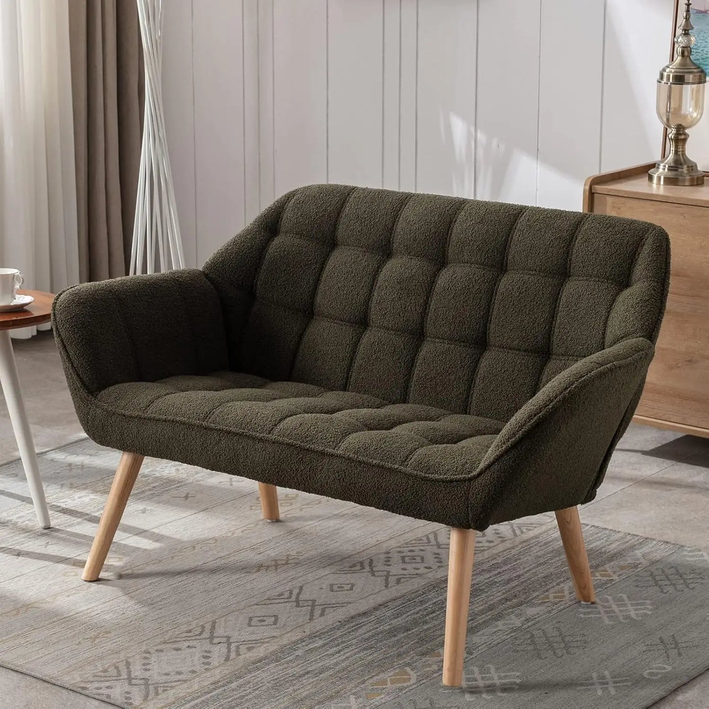 Modern Linen Loveseat Sofa With Quilted Back And Wood Legs
