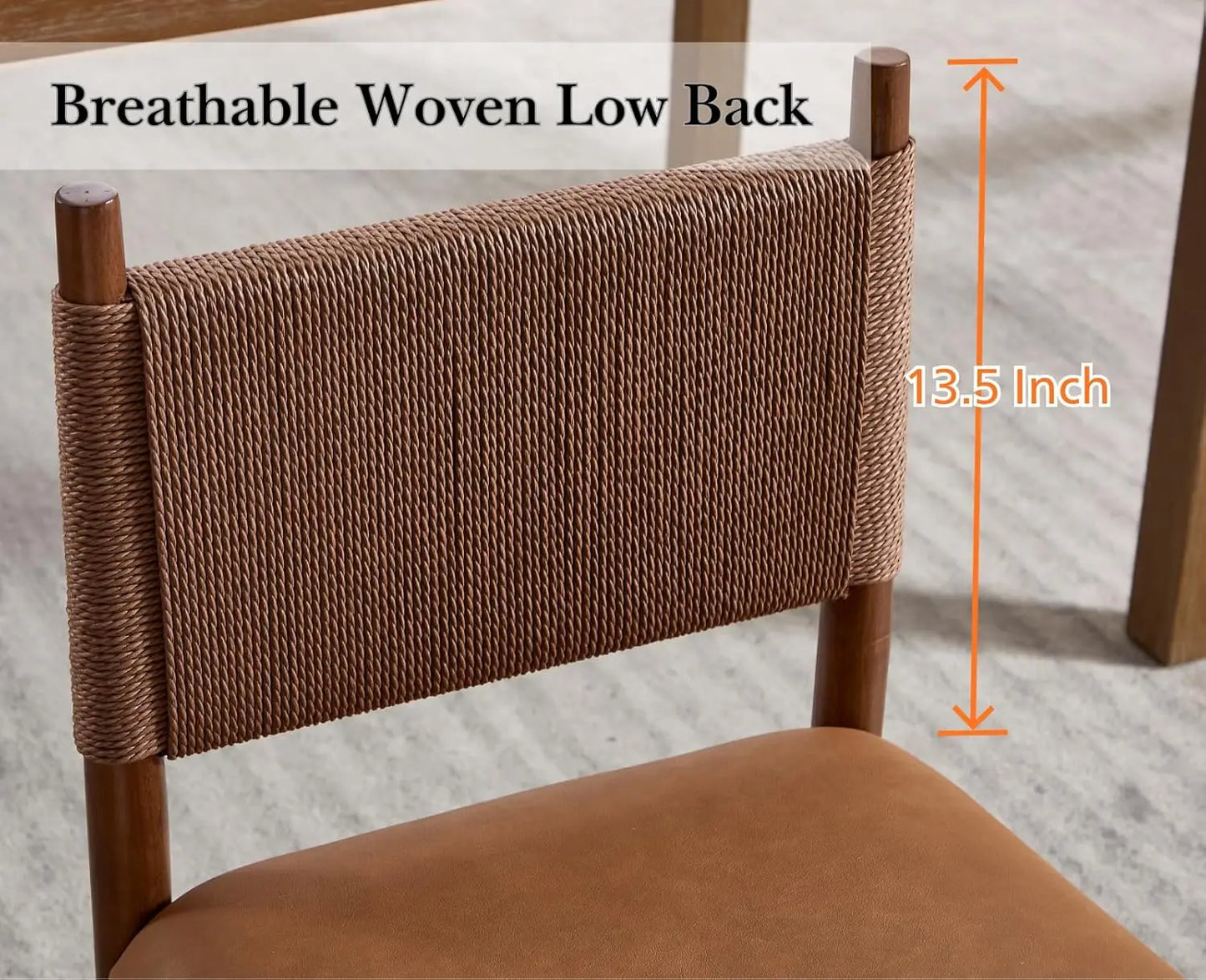 Rattan Dining Chairs Set of 2 With Leather Upholstery and Woven Back