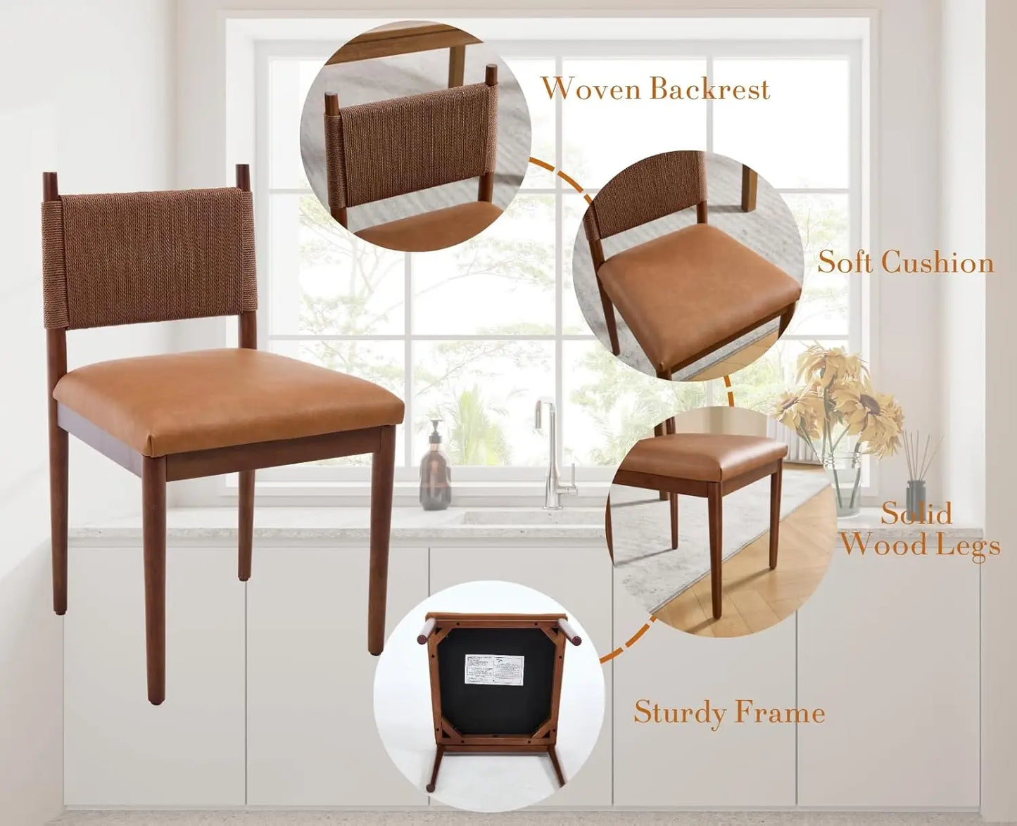 Rattan Dining Chairs Set of 2 With Leather Upholstery and Woven Back