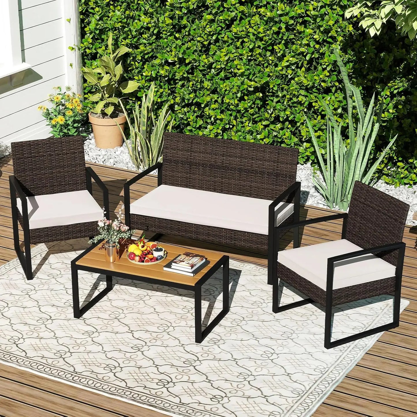 Outdoor Rattan Patio 4 Piece Set With Cushioned Chairs