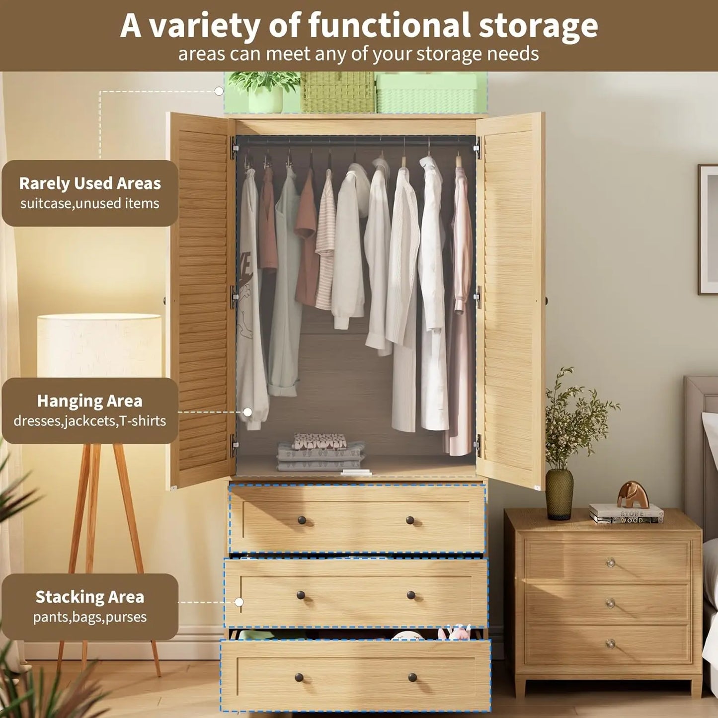 HUANZHUANG Armoire Wardrobe With 3 Drawers And 2 Doors