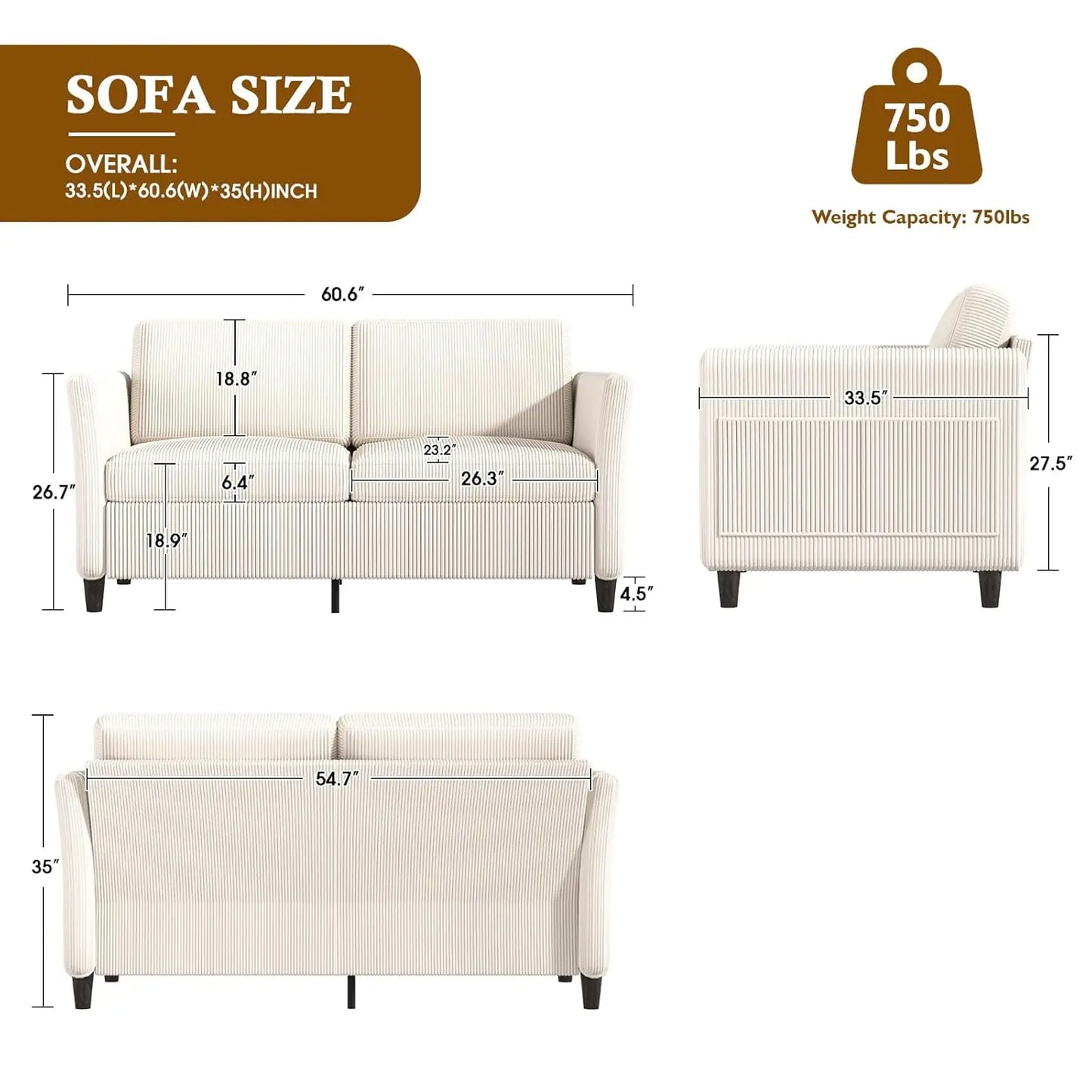 CHENGWEI Corduroy Loveseat Sofa Modern Two Seater Living Room