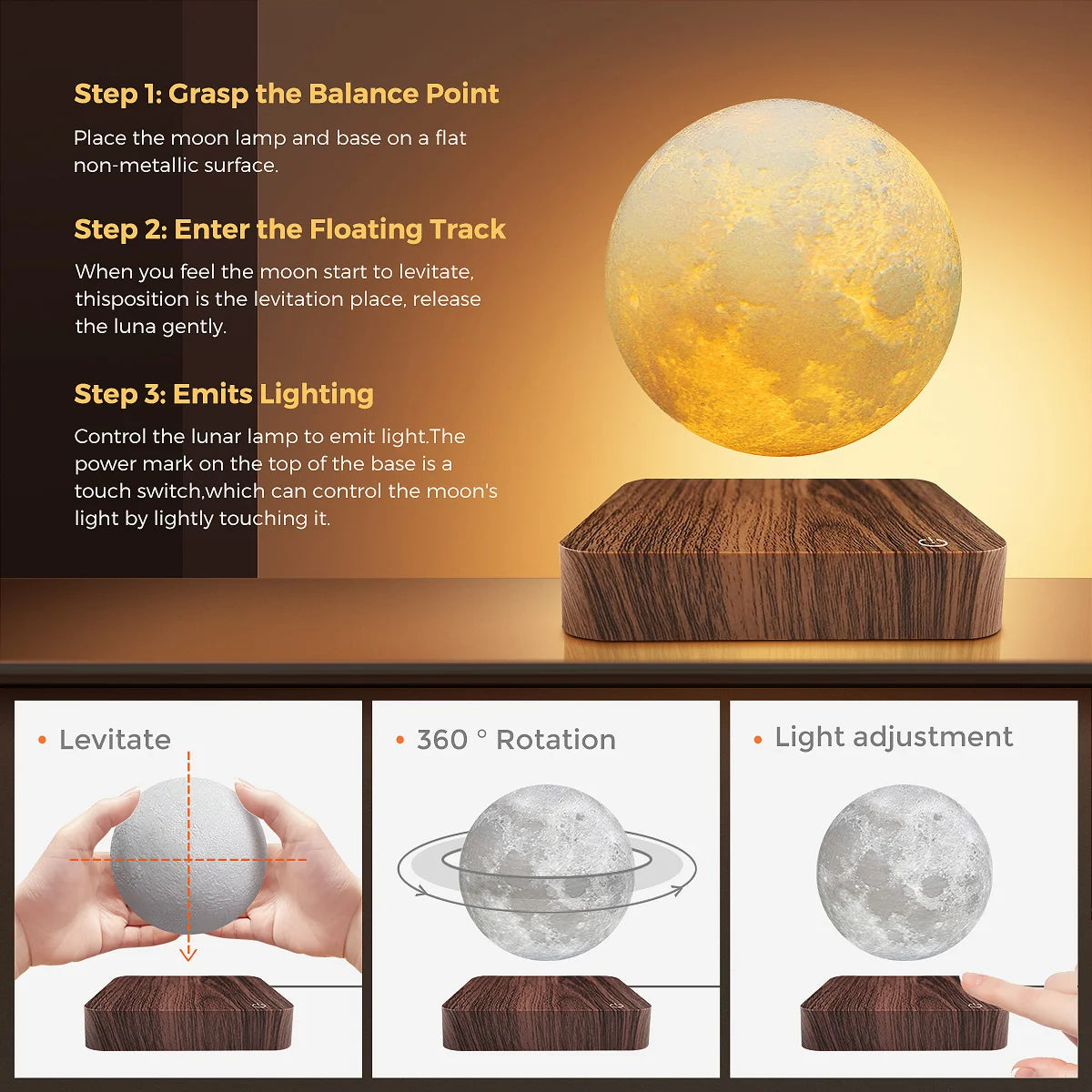 Mexllex Moon Lamp Magnetic Floating Night Light With Wooden Base