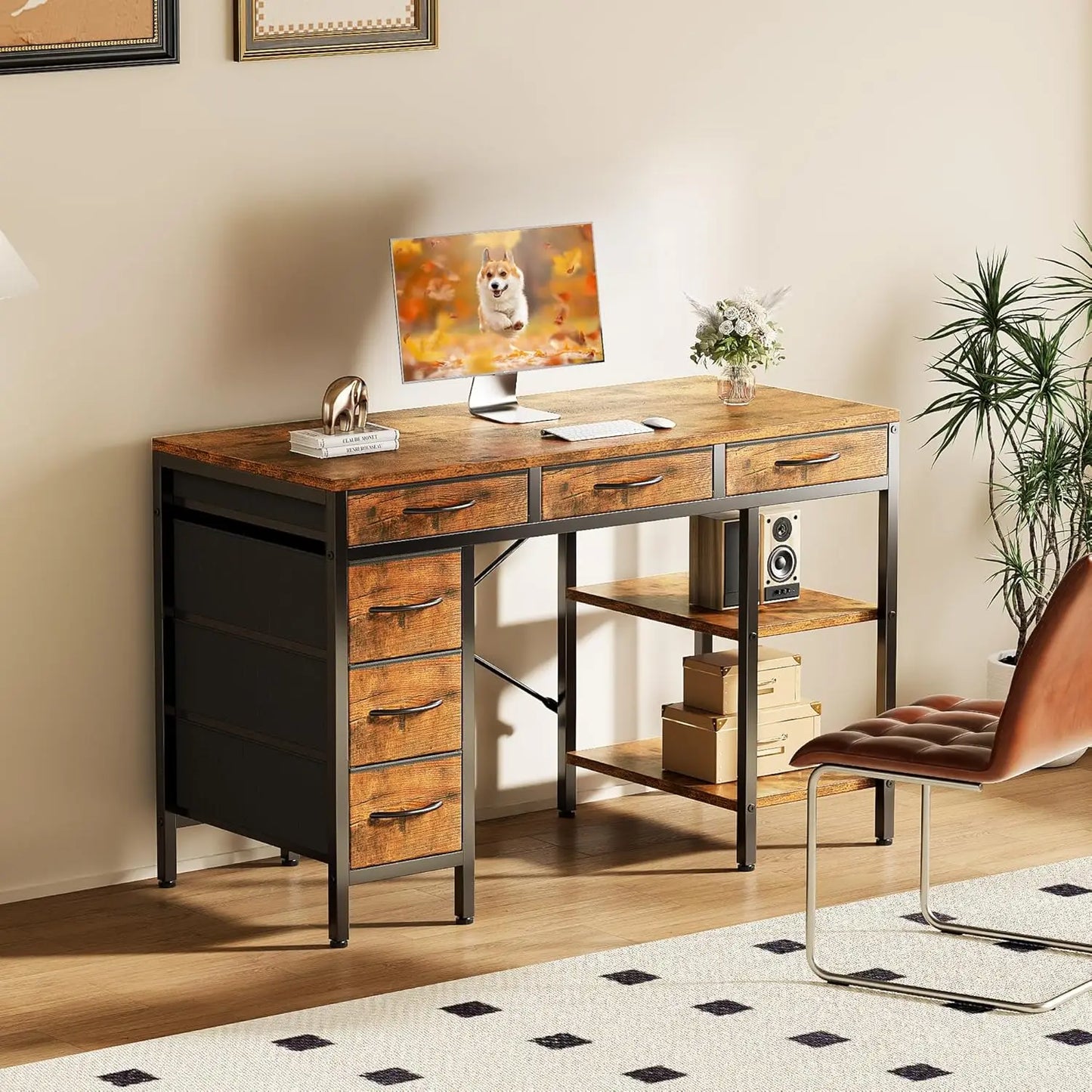 XMSJ Computer Desk With 6 Drawers And Storage Shelves