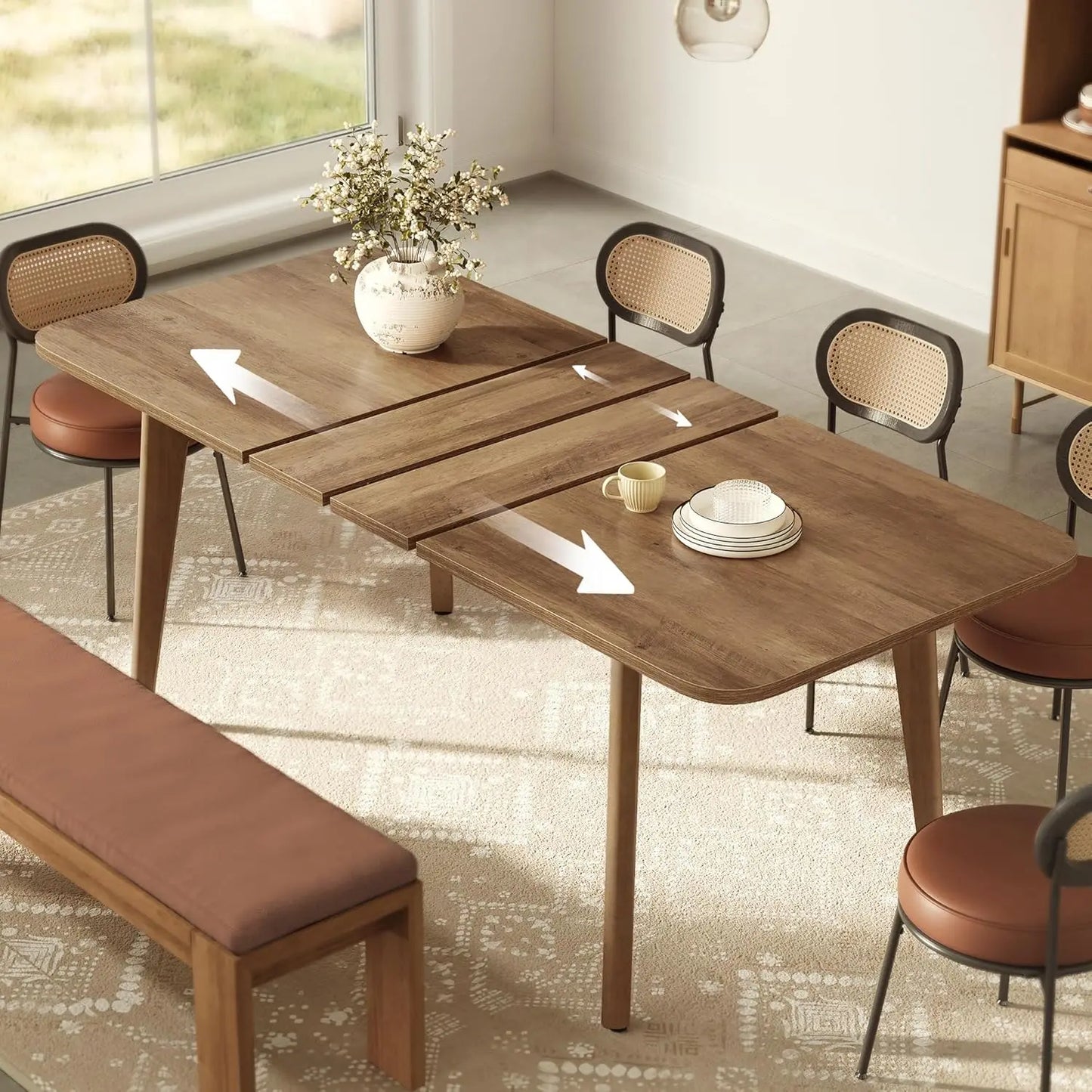Extendable Dining Table With Tapered Curved Legs, Modern Style