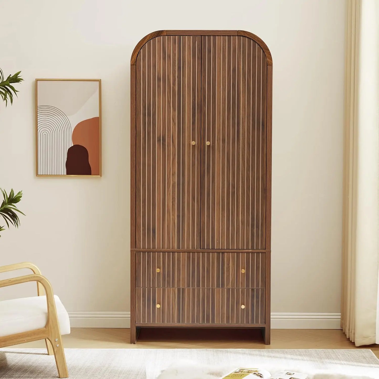 Arched Armoire Wardrobe Modern Two Door With Hanging Rod Drawers