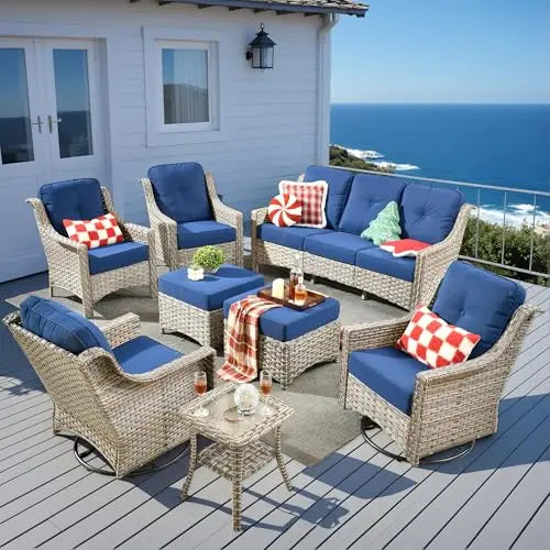 6 Piece All Weather Patio Outdoor Furniture Set Wicker Rattan Sofa Ottoman