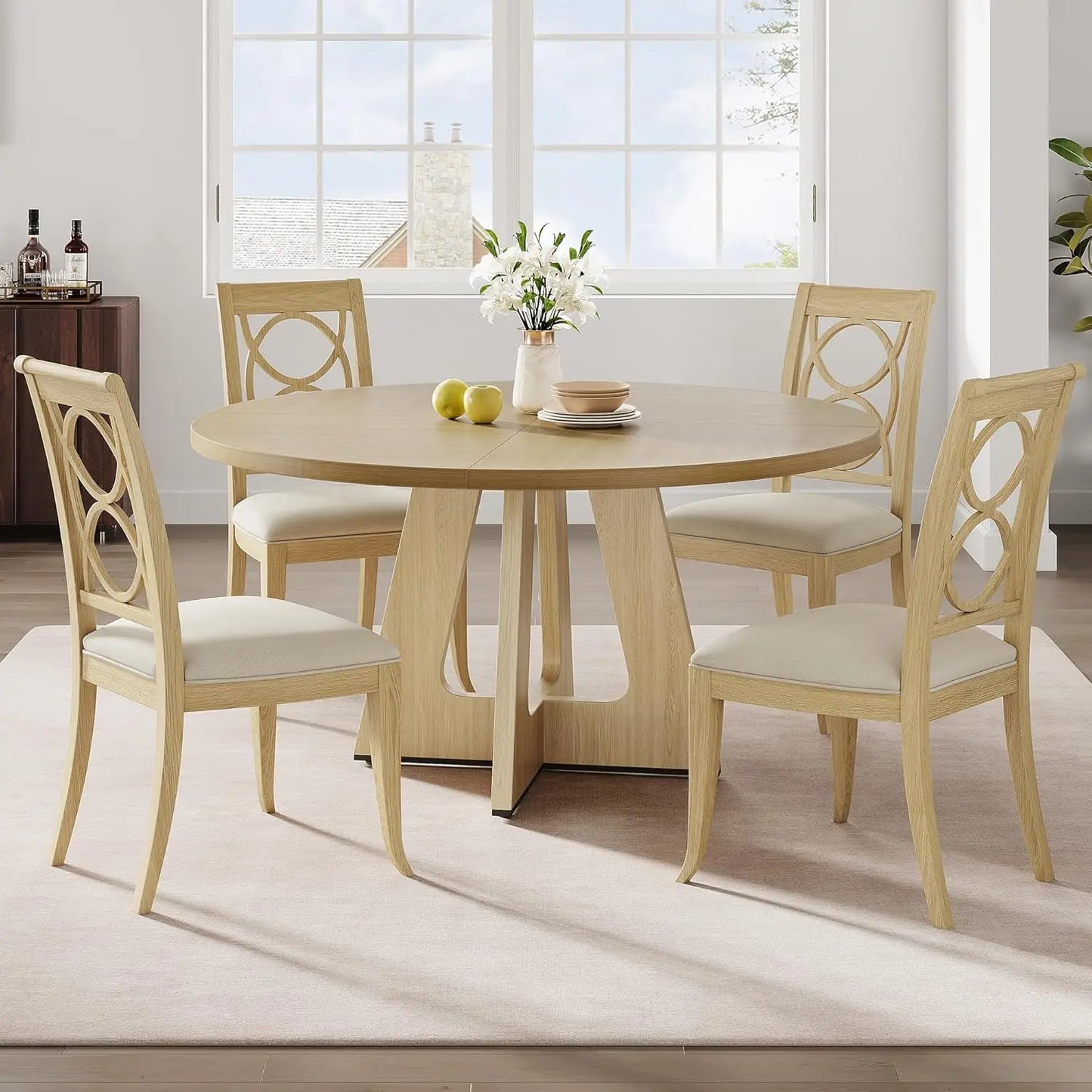 Round Farmhouse Dining Table Set With Wooden Top Pedestal Base