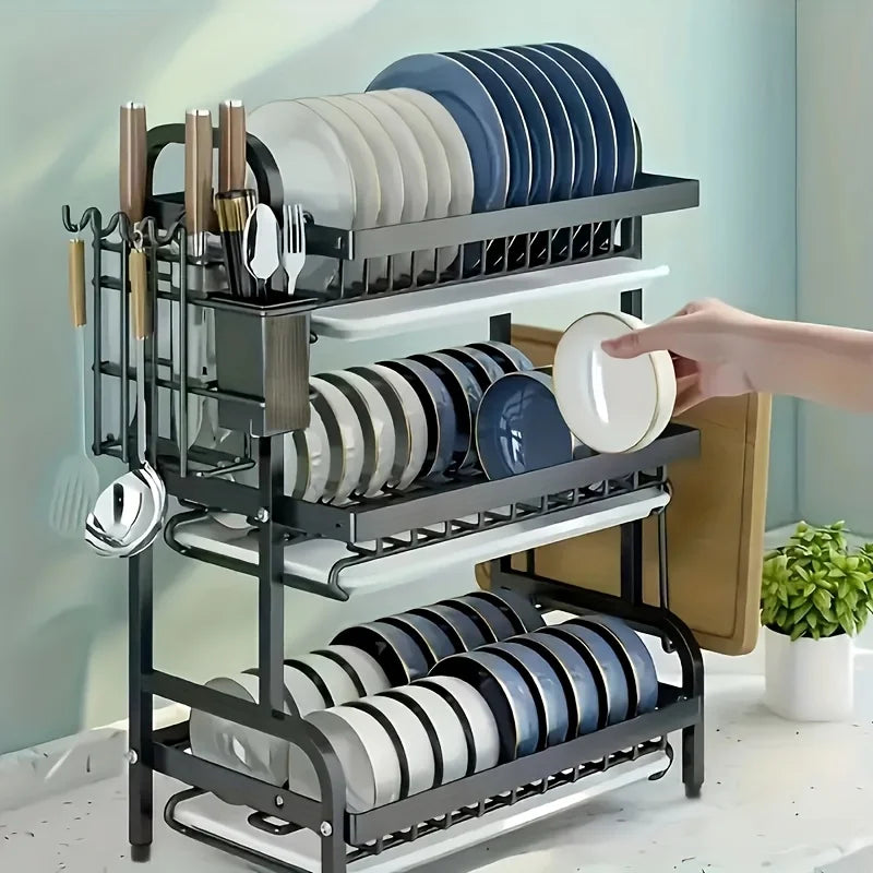 Three-Tier Dish Rack For Kitchen Countertop And Plates