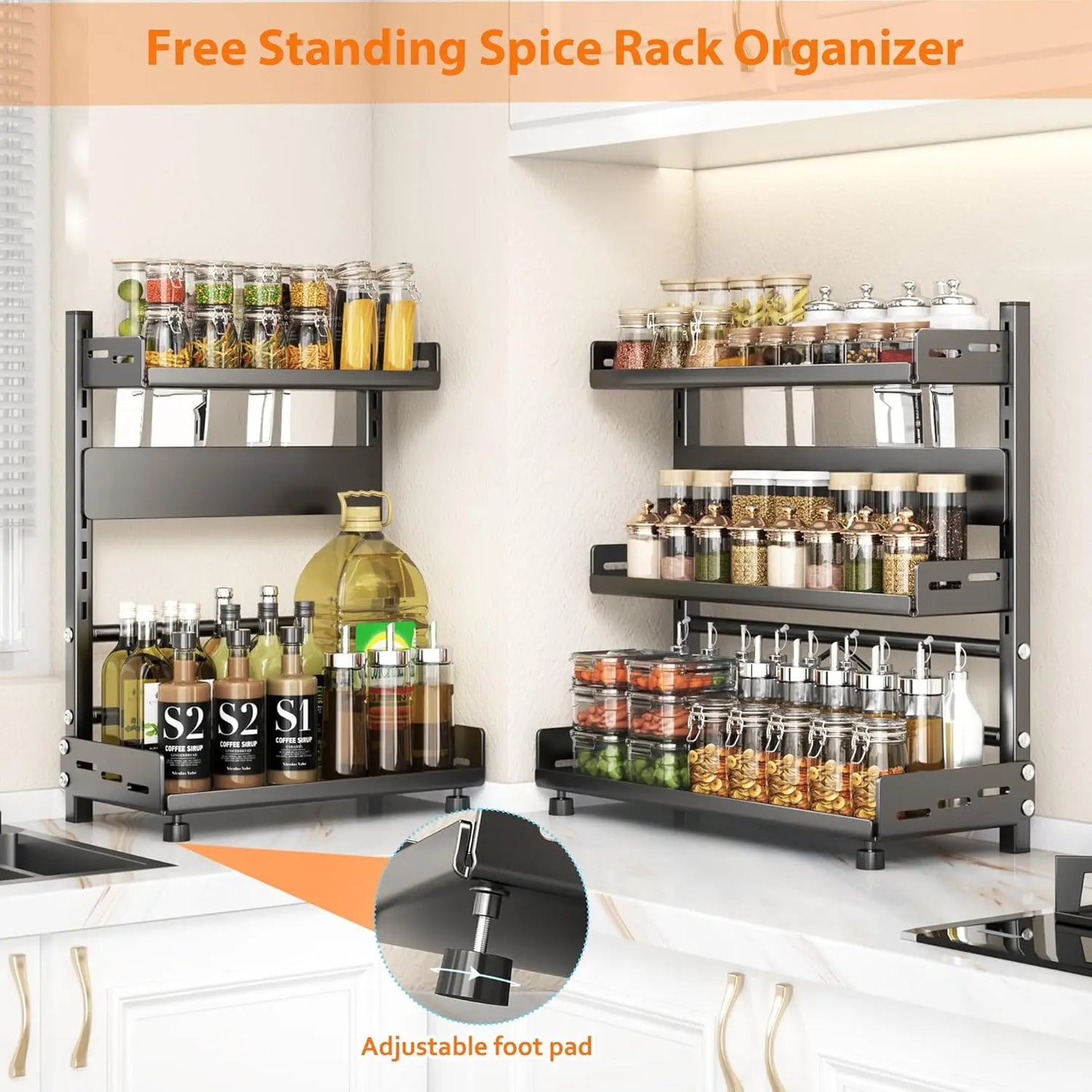 Three Tier Height Adjustable Vertical Spice Rack Rustproof Metal Storage