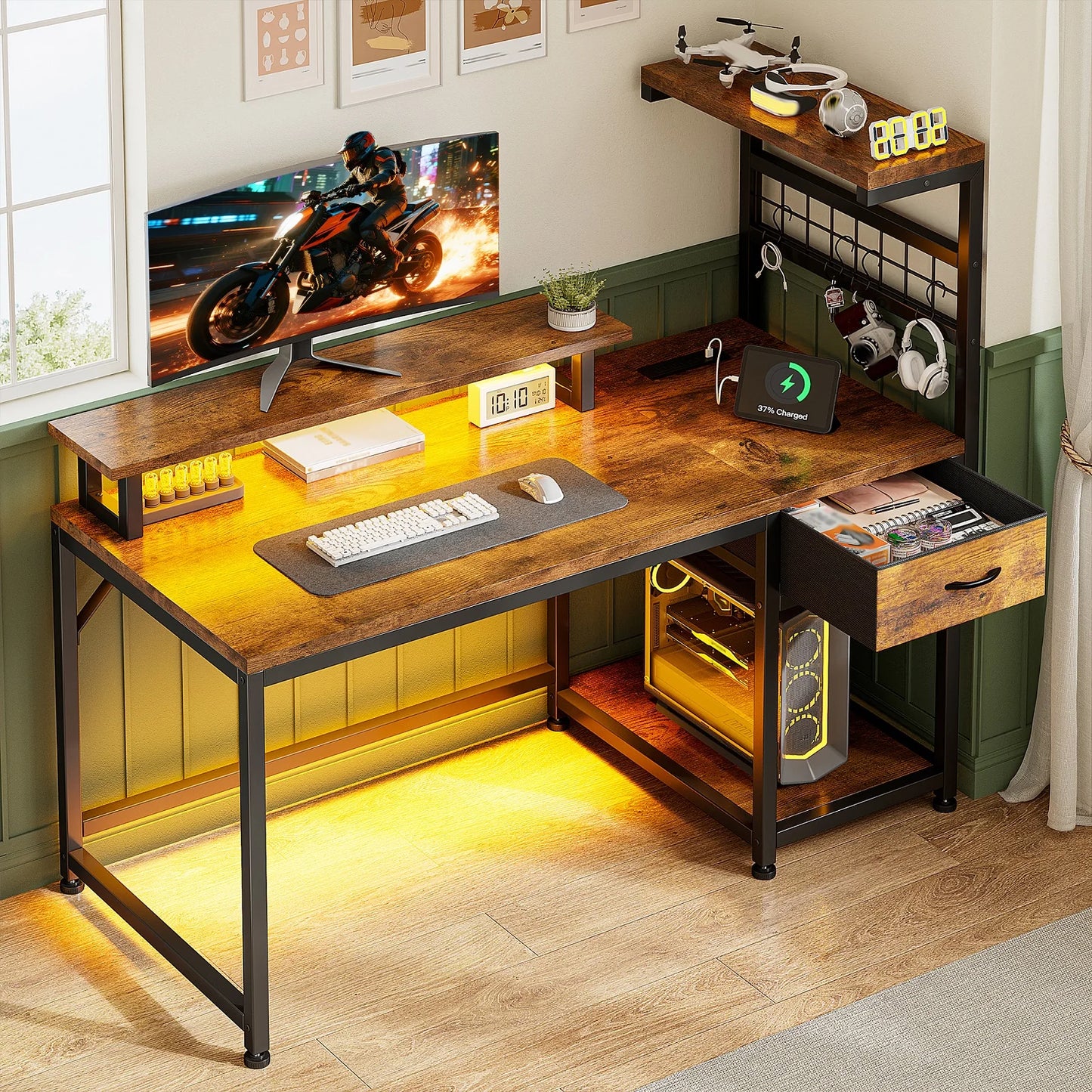 EnHomee Gaming Computer Desk With Power Outlets And RGB LED