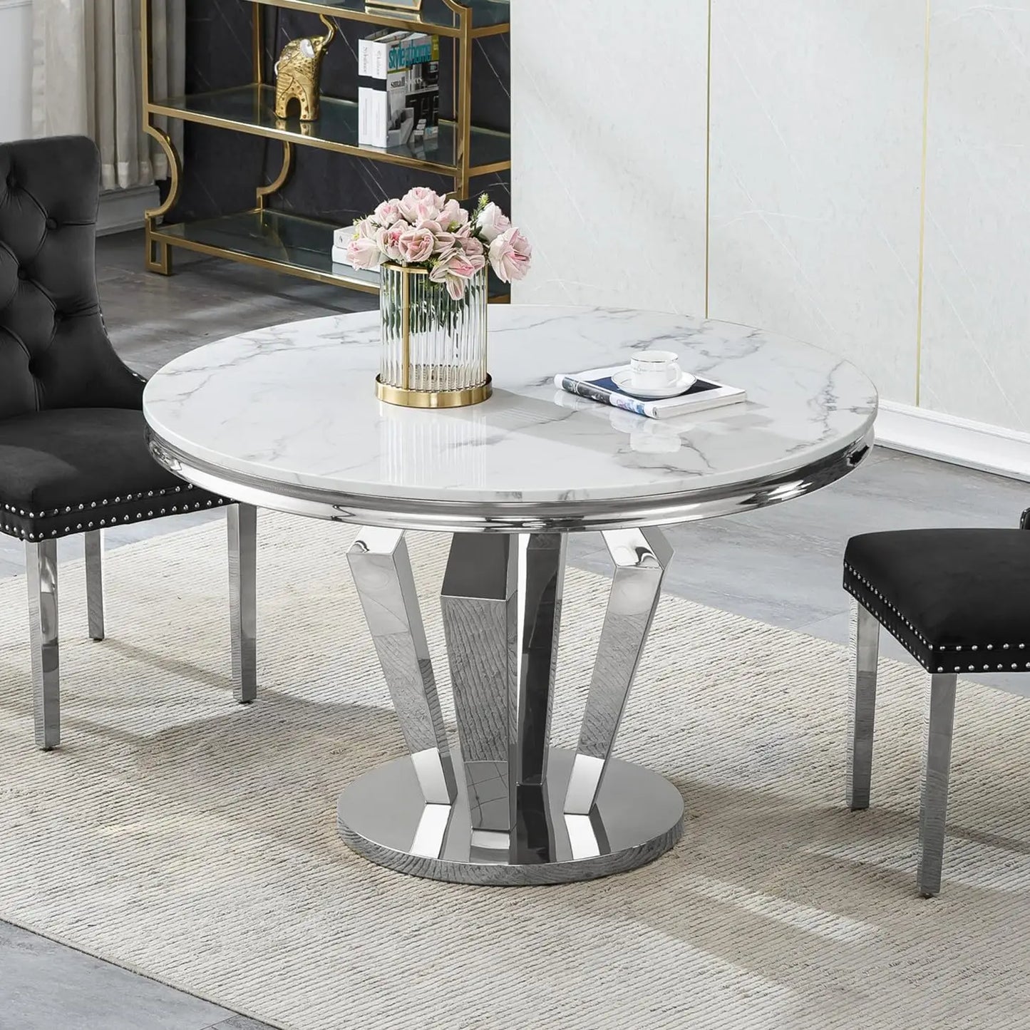 Marble Dining Table With Stainless Steel X Base For GourmetDiningRoomShowcaseExcellence
