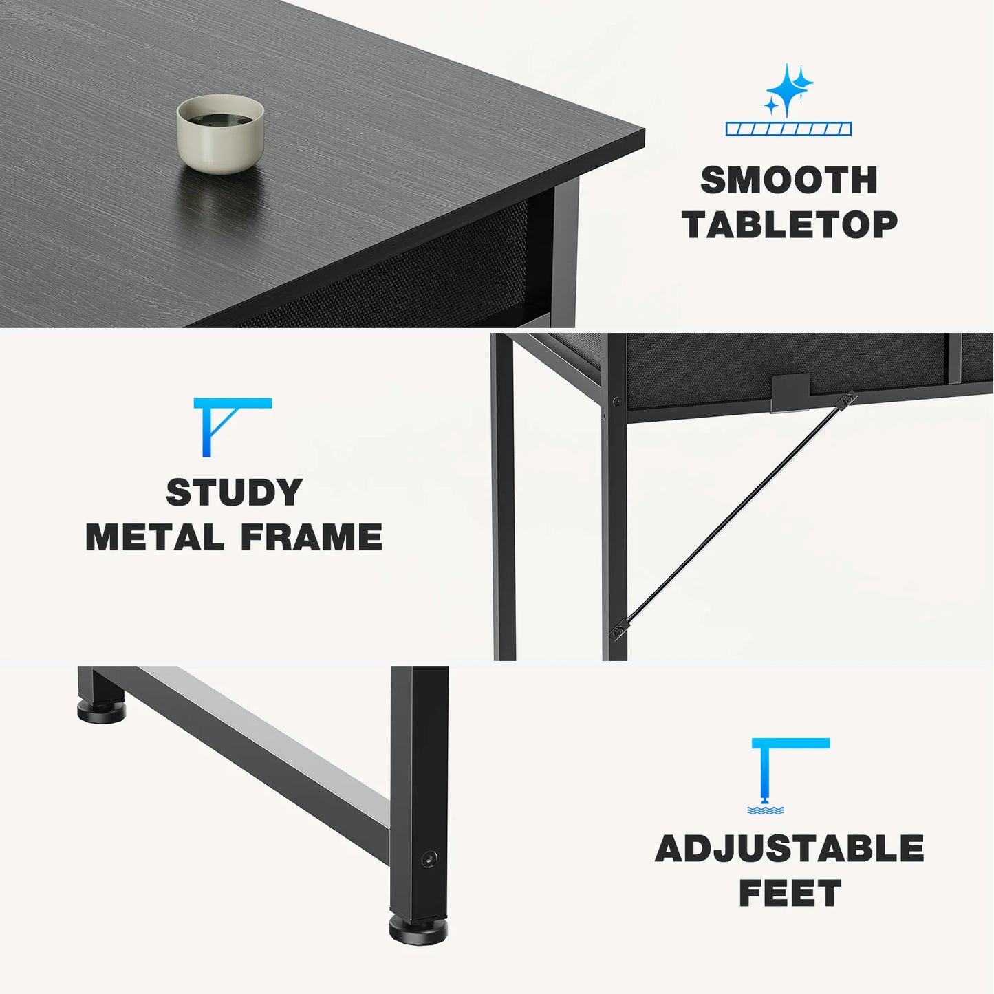 JHK Modern Office Desk With Metal Frame And Fabric Drawers