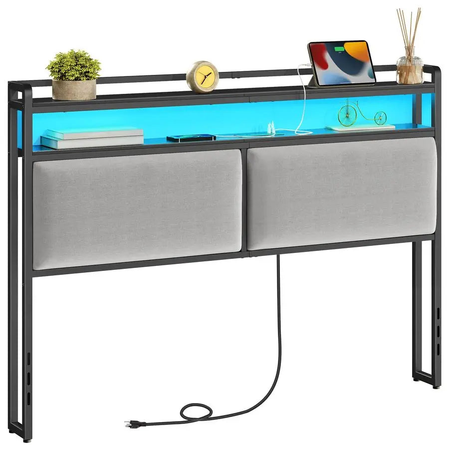 Upholstered Headboard With Storage And Charging Station LED Lights