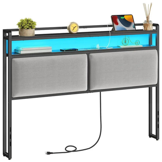 Upholstered Headboard With Storage And Charging Station LED Lights