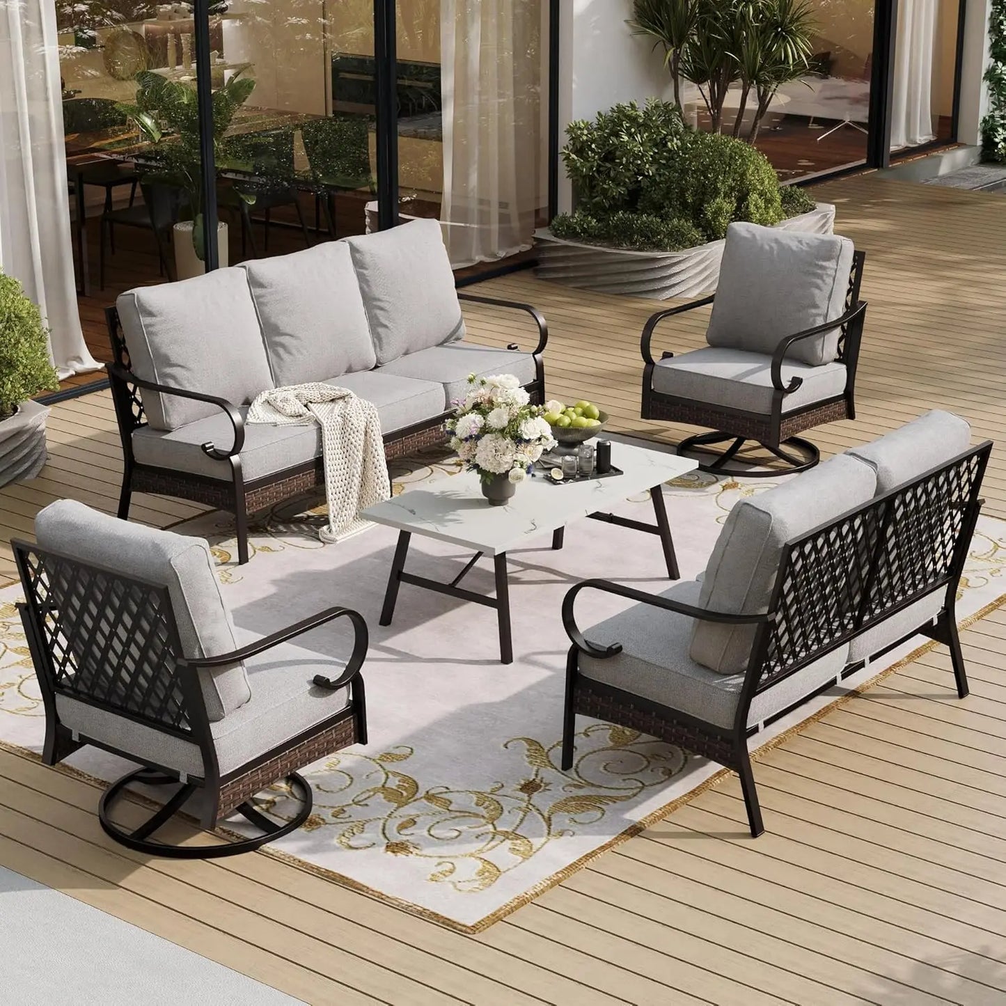 5 Piece Outdoor Patio Conversation Set Seater And Swivel Chairs