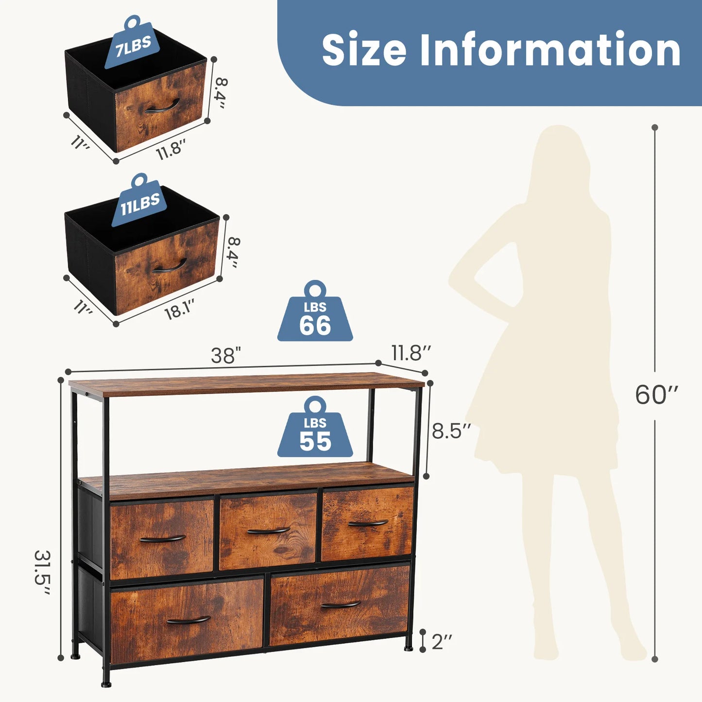 JHK Fireplace TV Stand Dresser 5 Fabric Drawers Storage Cabinet