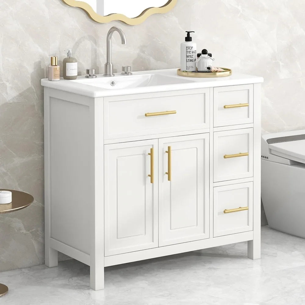 Solid Rubber Wood Bathroom Vanity With Offset Sink And Storage