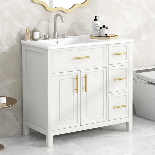 Solid Rubber Wood Bathroom Vanity With Offset Sink And Storage