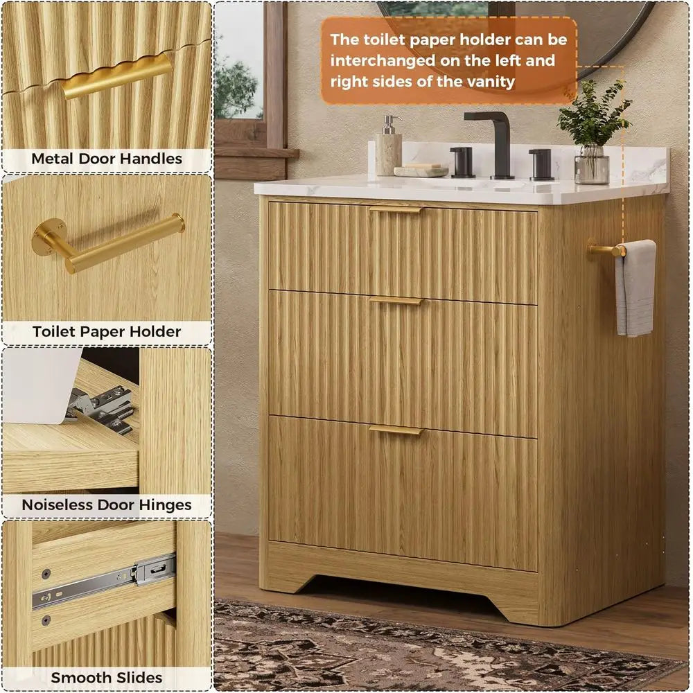 Freestanding Bathroom Vanity With Ceramic Sink And Storage Drawers