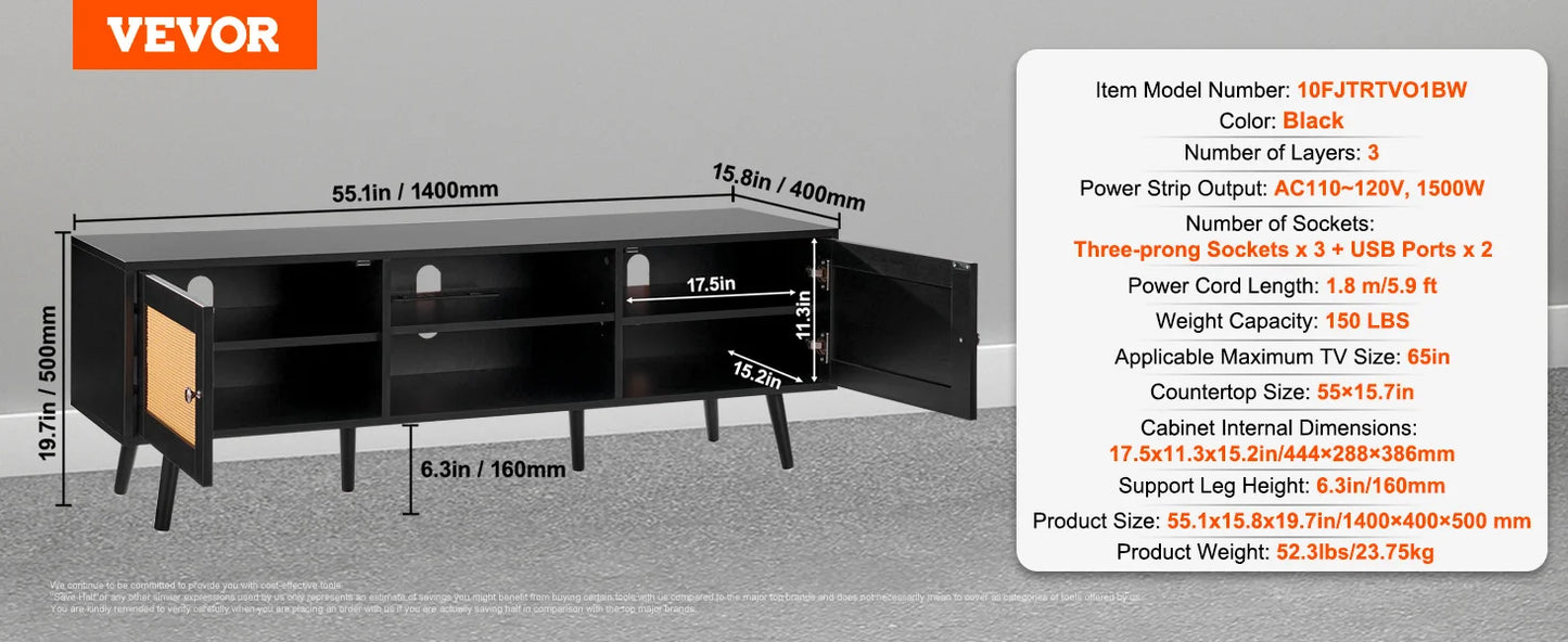 SucceBuy Rattan TV Stand With Built-In USB Ports and Shelves
