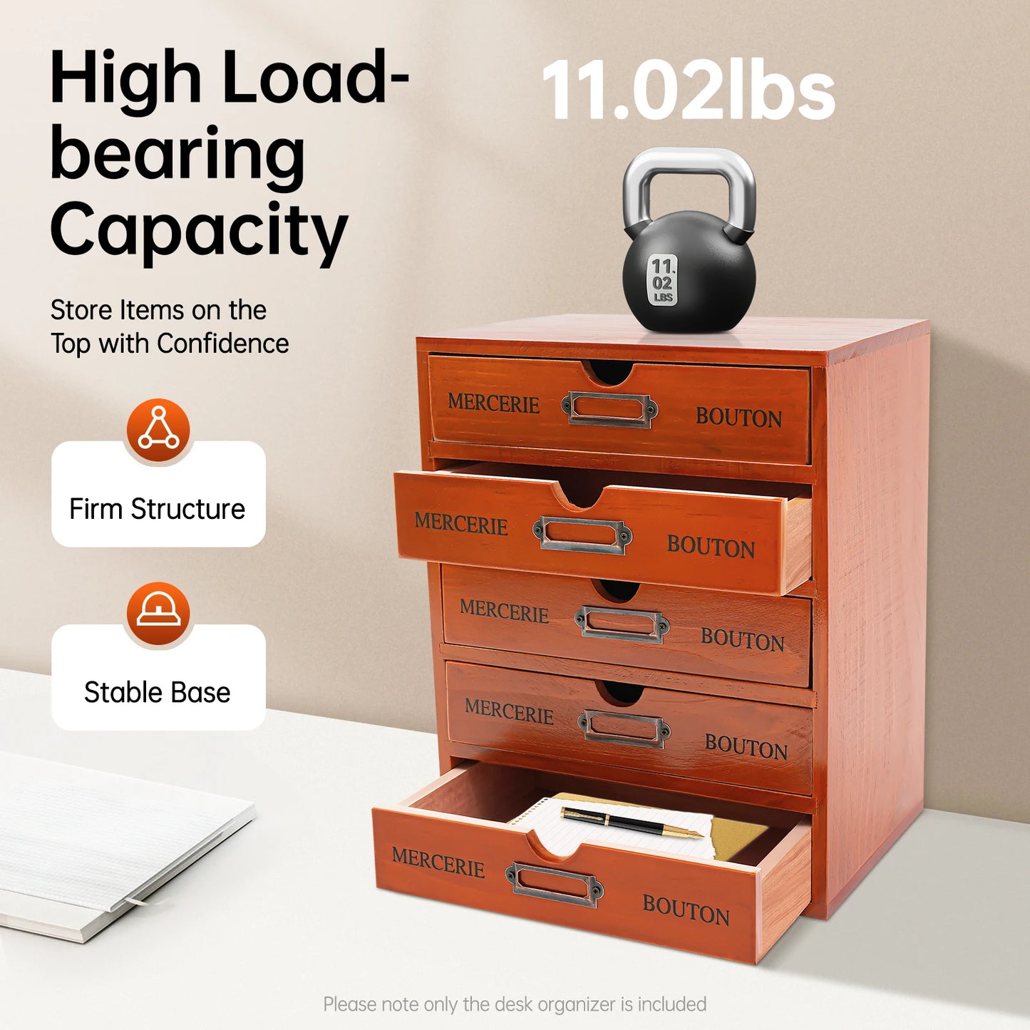 NONECN 5 Drawer Wooden Desk Organizer For Office Study Bedroom