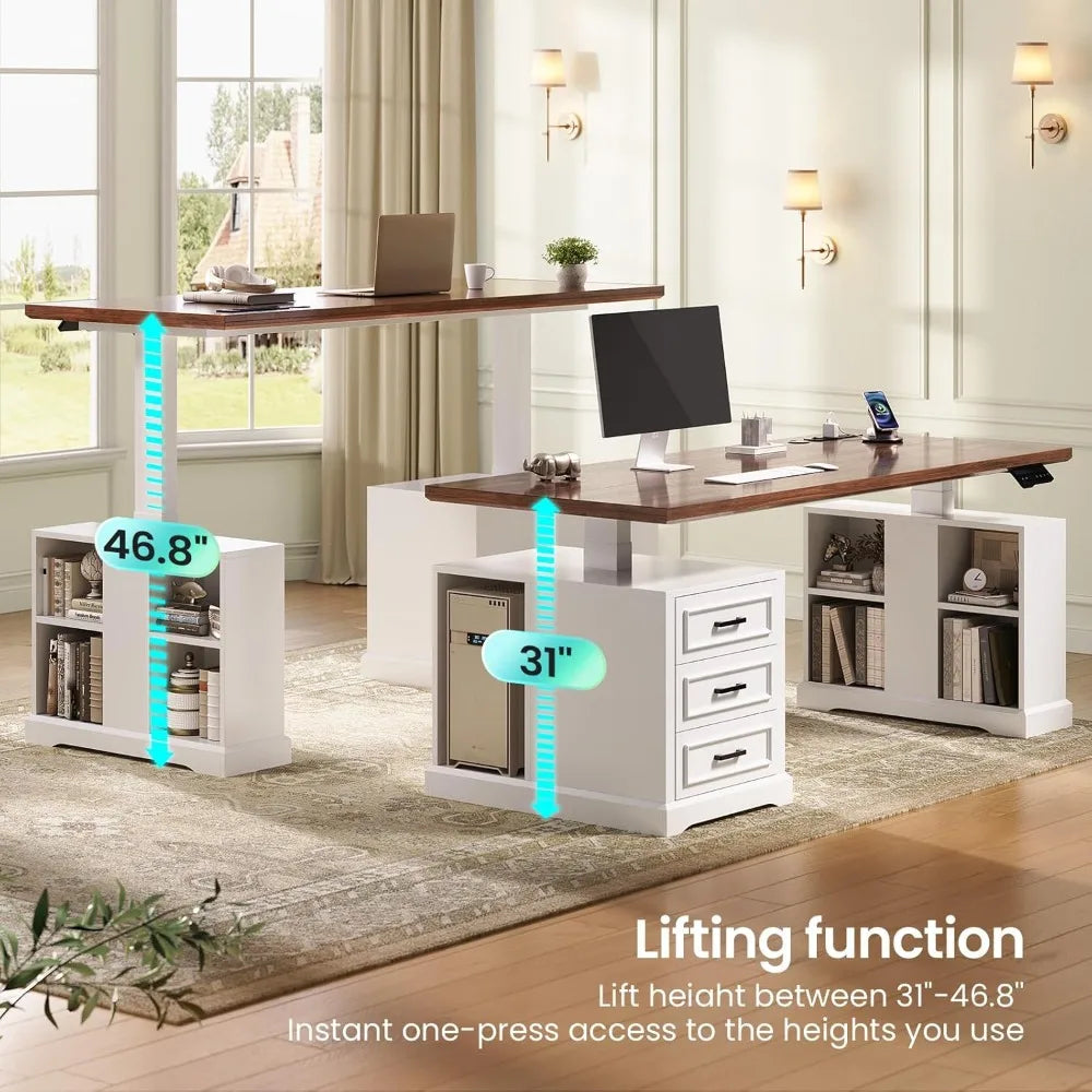 Electric Standing Desk With Drawers Shelves Outlets Adjustable Height