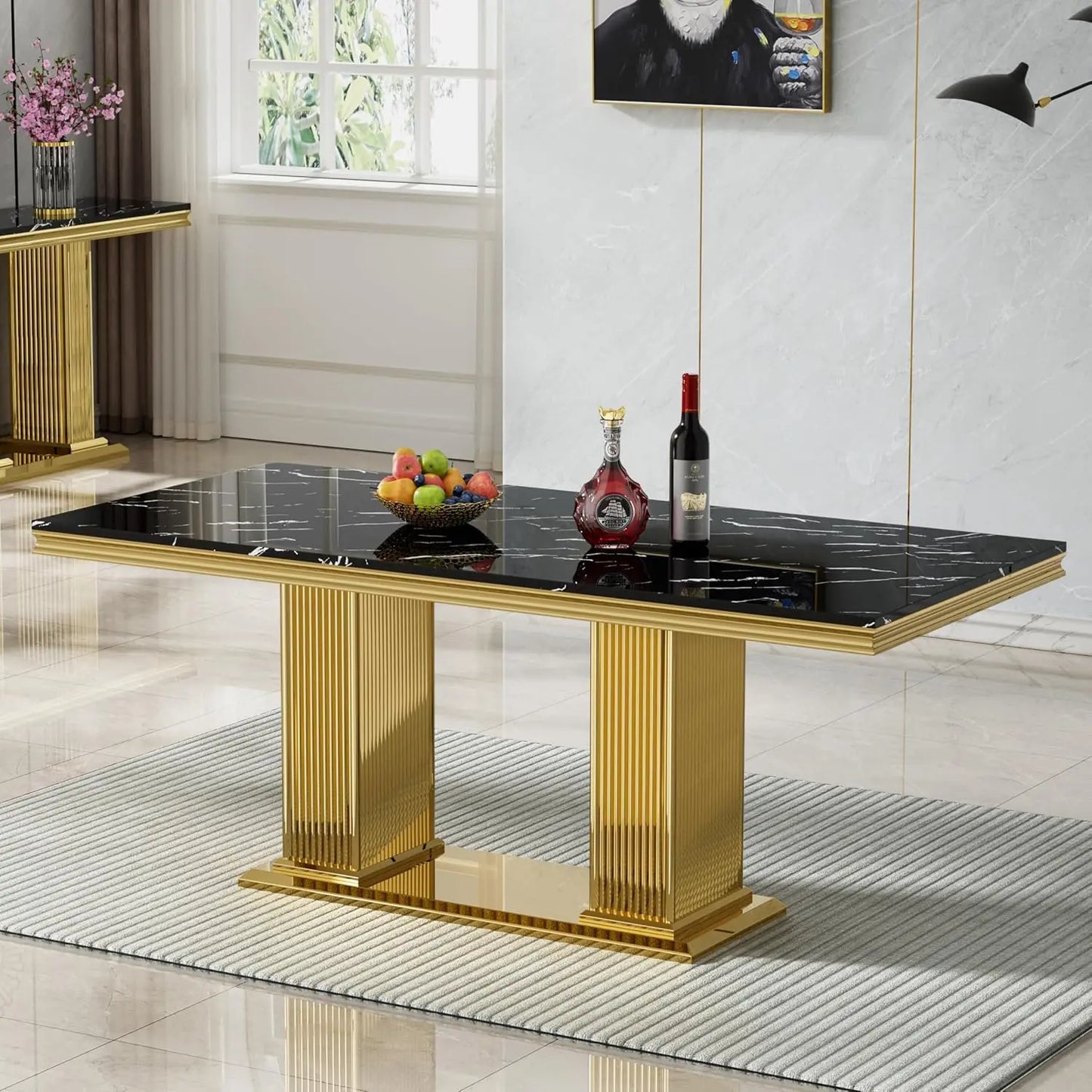 Marble Dining Table With Stainless Steel X Base For GourmetDiningRoomShowcaseExcellence