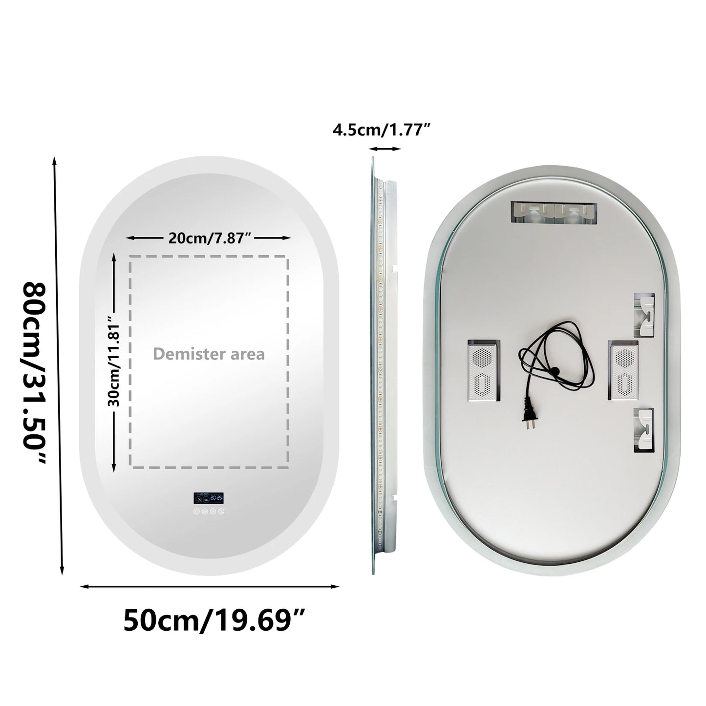 Oval LED Bathroom Mirror Wall-Mounted With Bluetooth Speaker Digital Display