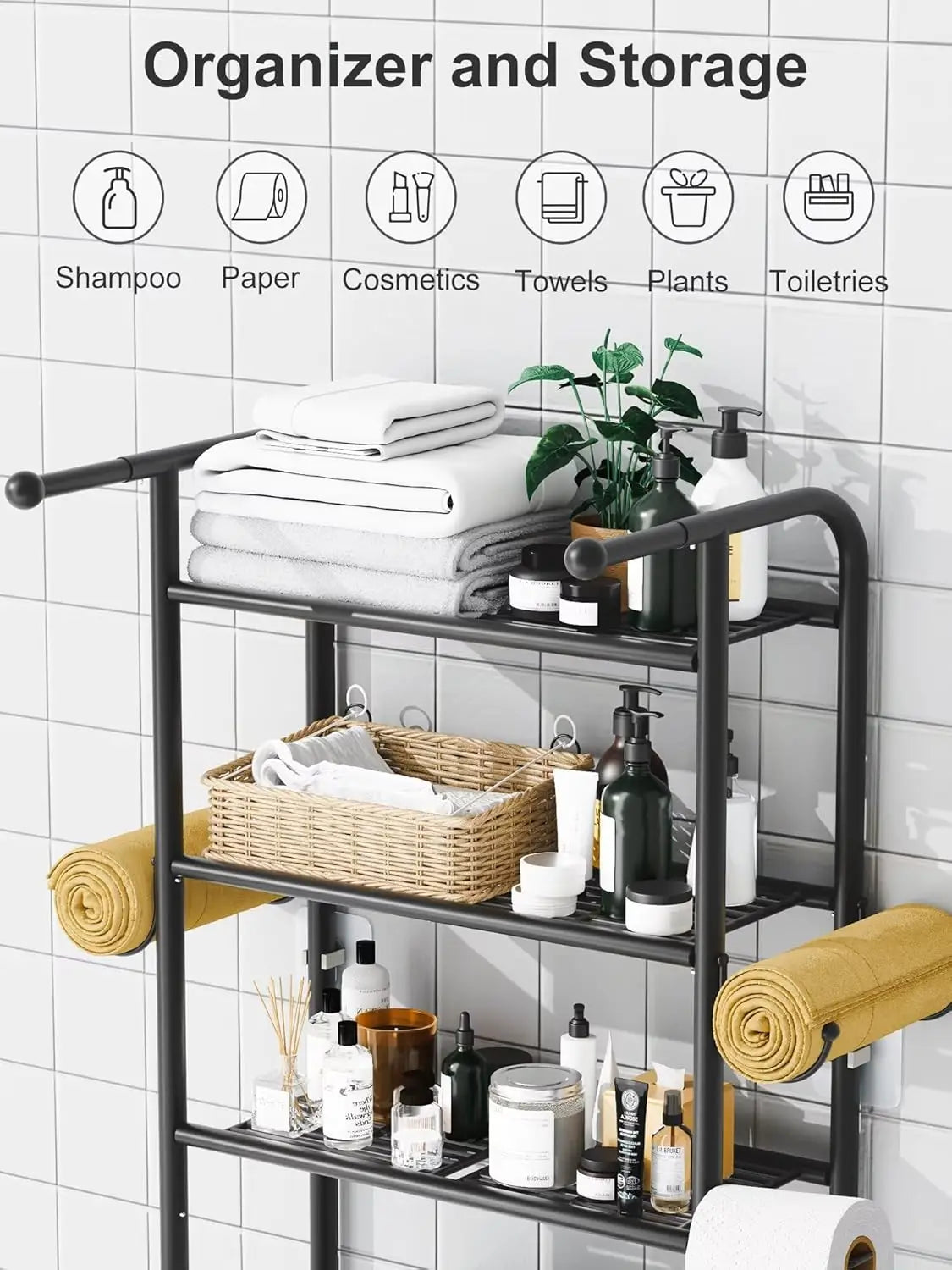 Over Toilet Storage Shelf Organizer With Metal Hooks Paper Holder