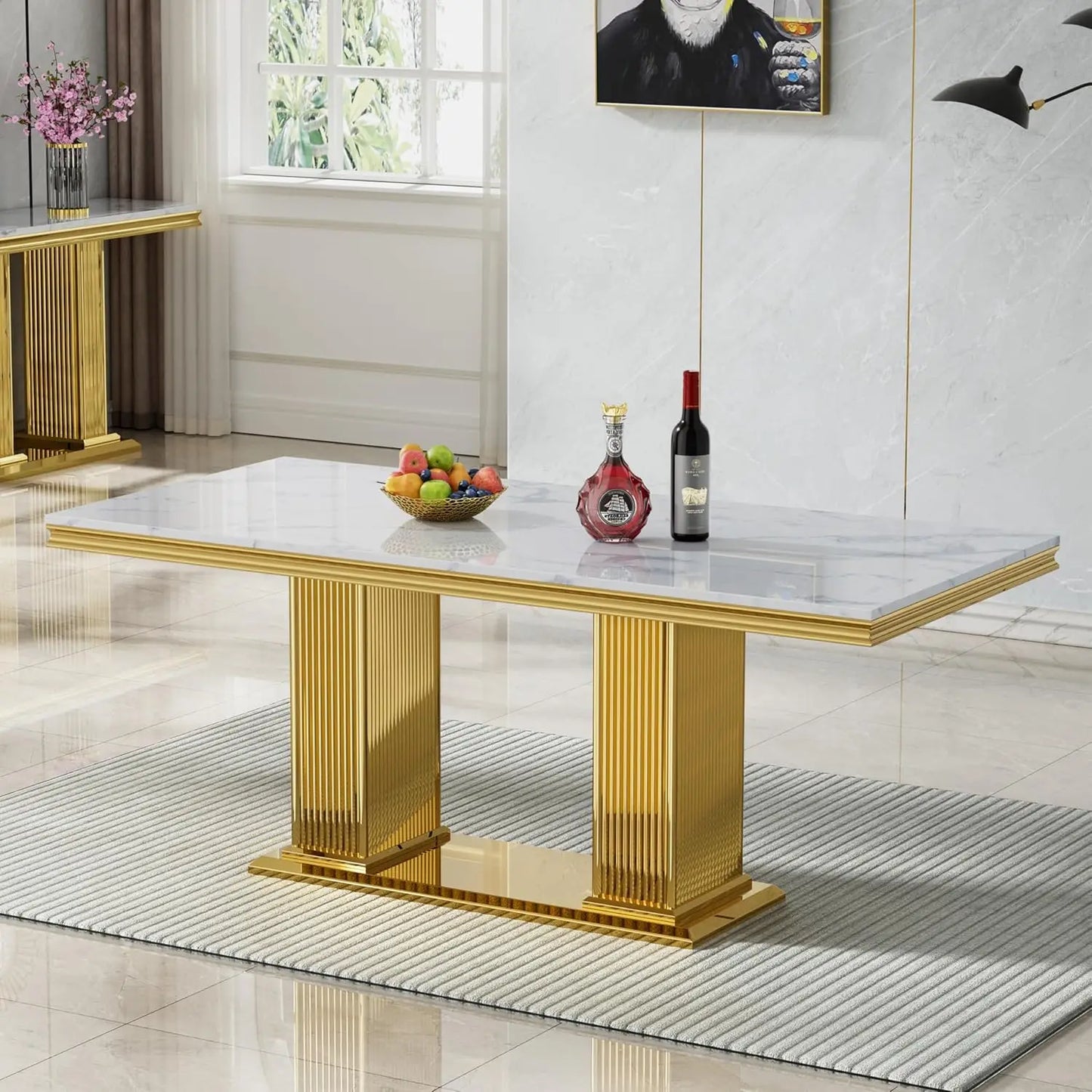 Marble Dining Table With Stainless Steel X Base For GourmetDiningRoomShowcaseExcellence