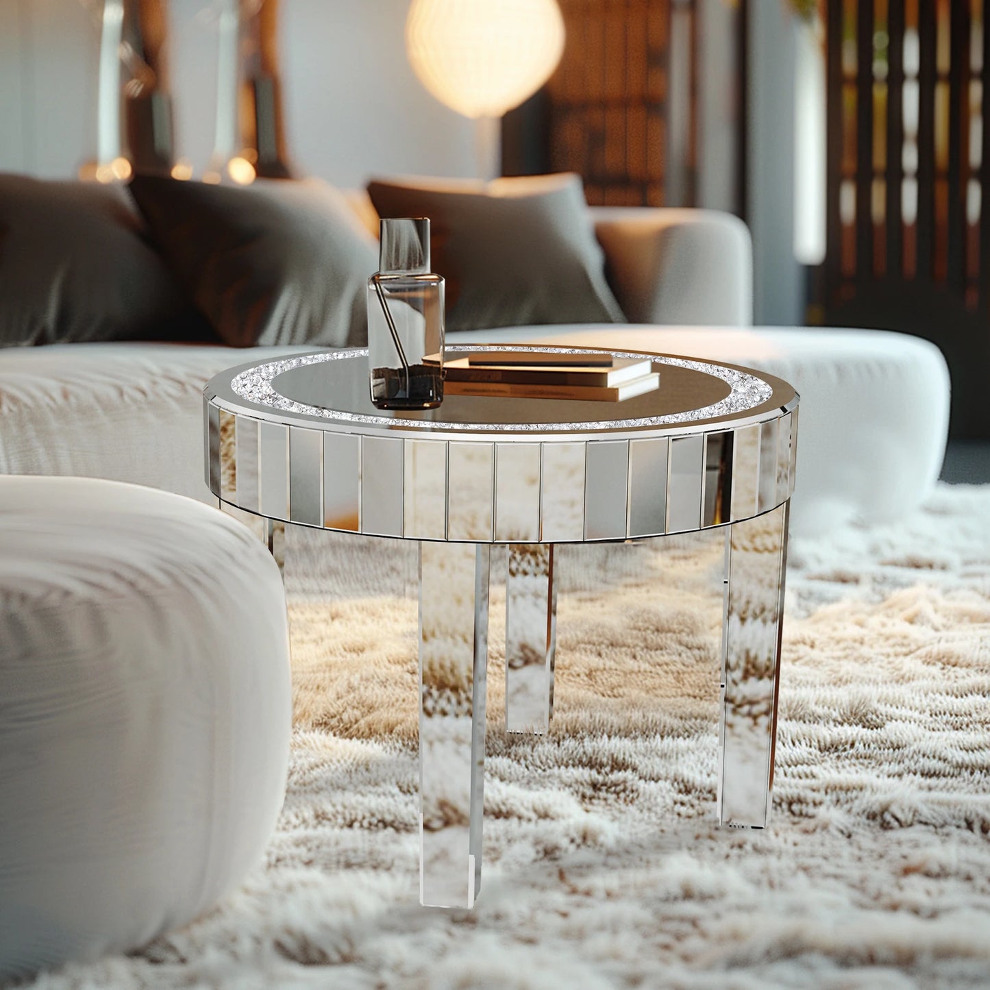 LUVODI Luxurious Contemporary Round Mirrored Accent Side Table CrystalQuartz Inlays