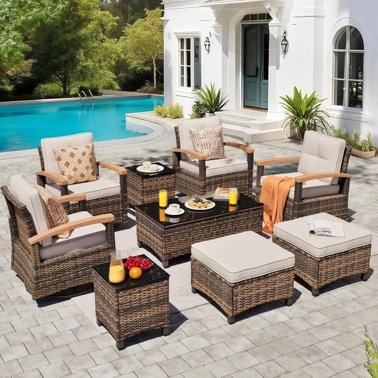 9-Piece Outdoor Patio Furniture Set Wicker With Swivel Rocker Chairs