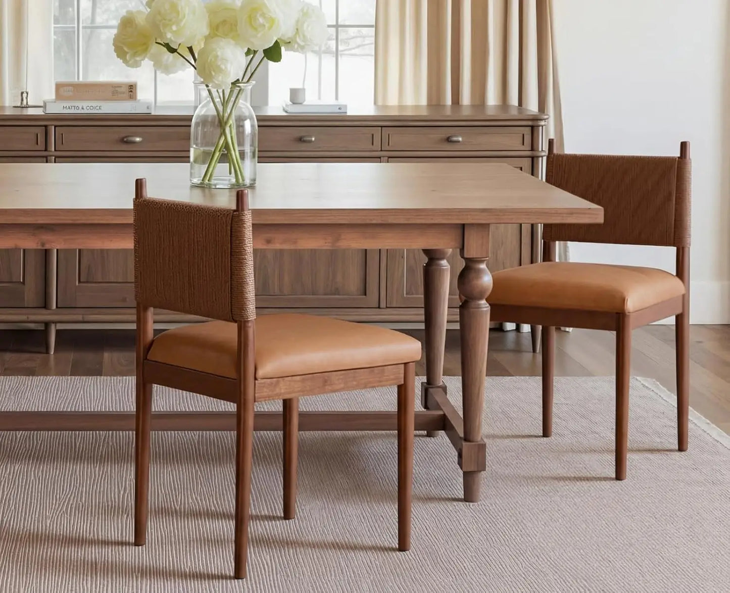 Rattan Dining Chairs Set of 2 With Leather Upholstery and Woven Back