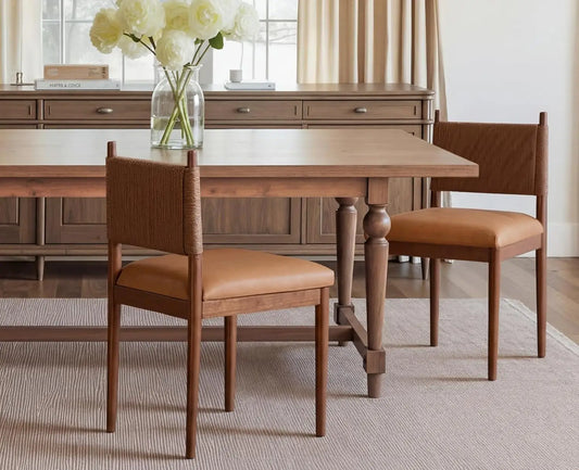 Rattan Dining Chairs Set of 2 With Leather Upholstery and Woven Back