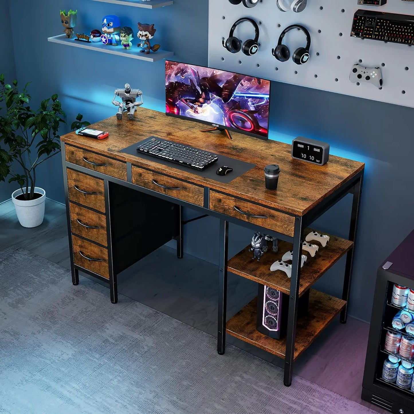 XMSJ Computer Desk With 6 Drawers And Storage Shelves