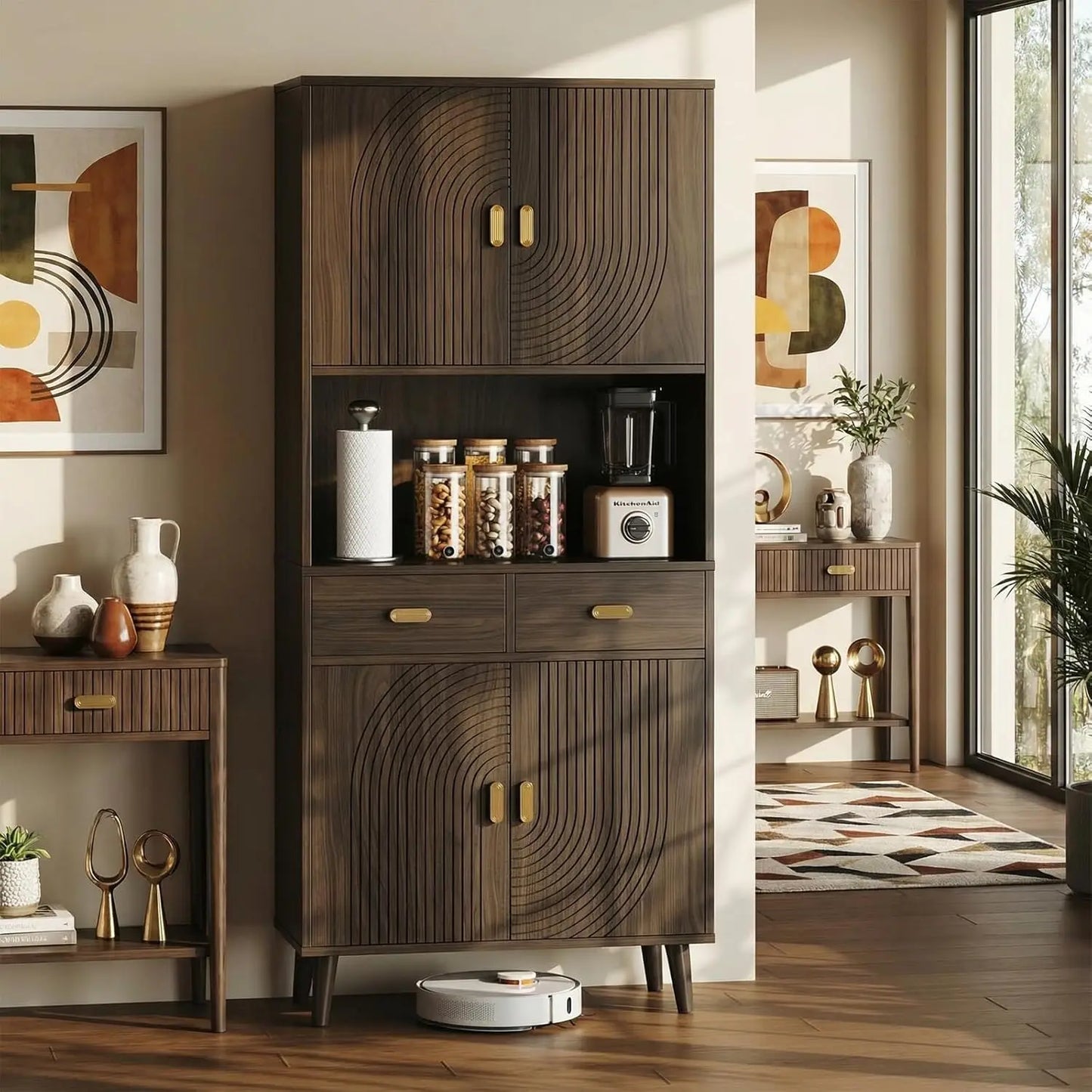 Mid-Century Kitchen Pantry Storage Cabinet With Adjustable Shelves