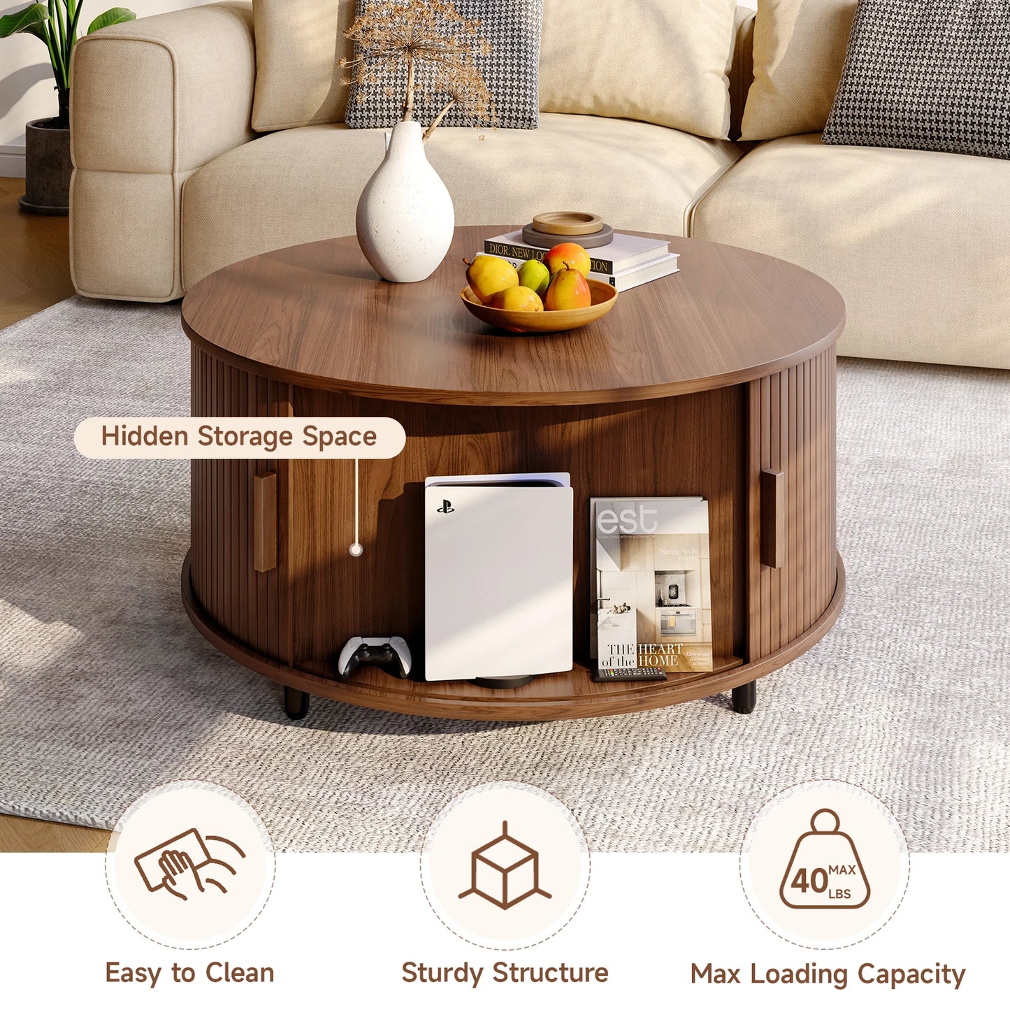 ONBRI Round Coffee Table With Storage And Curved Sliding Door