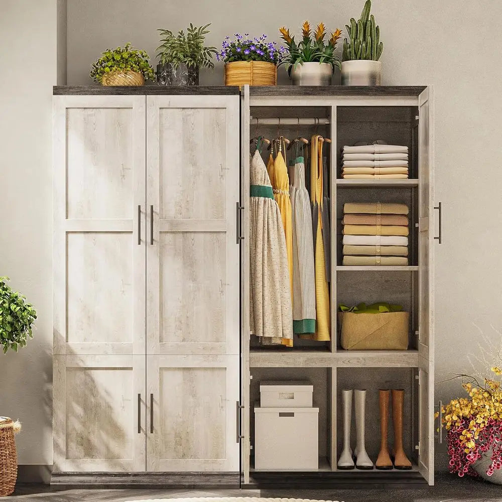 RBXC Rustic Wooden Tall Wardrobe With Hanging Rod And Doors