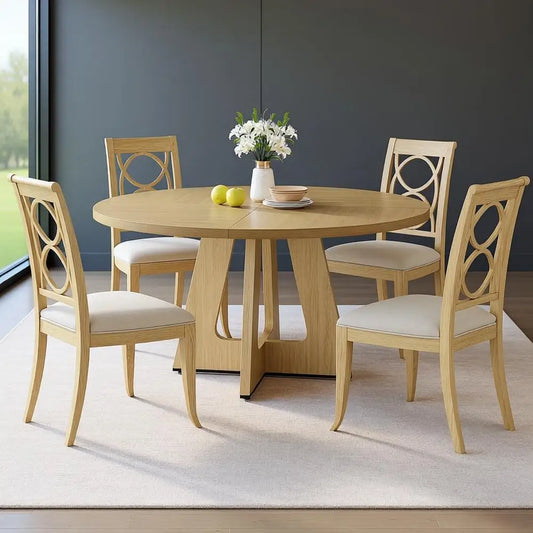 Farmhouse Round Dining Table Set for 4-6 with Pedestal Base