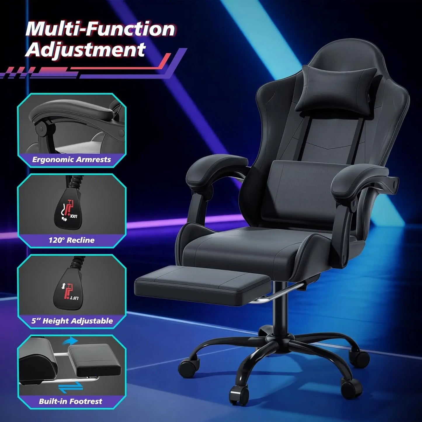 Ergonomic Gaming Chair for Adults with Footrest and Headrest
