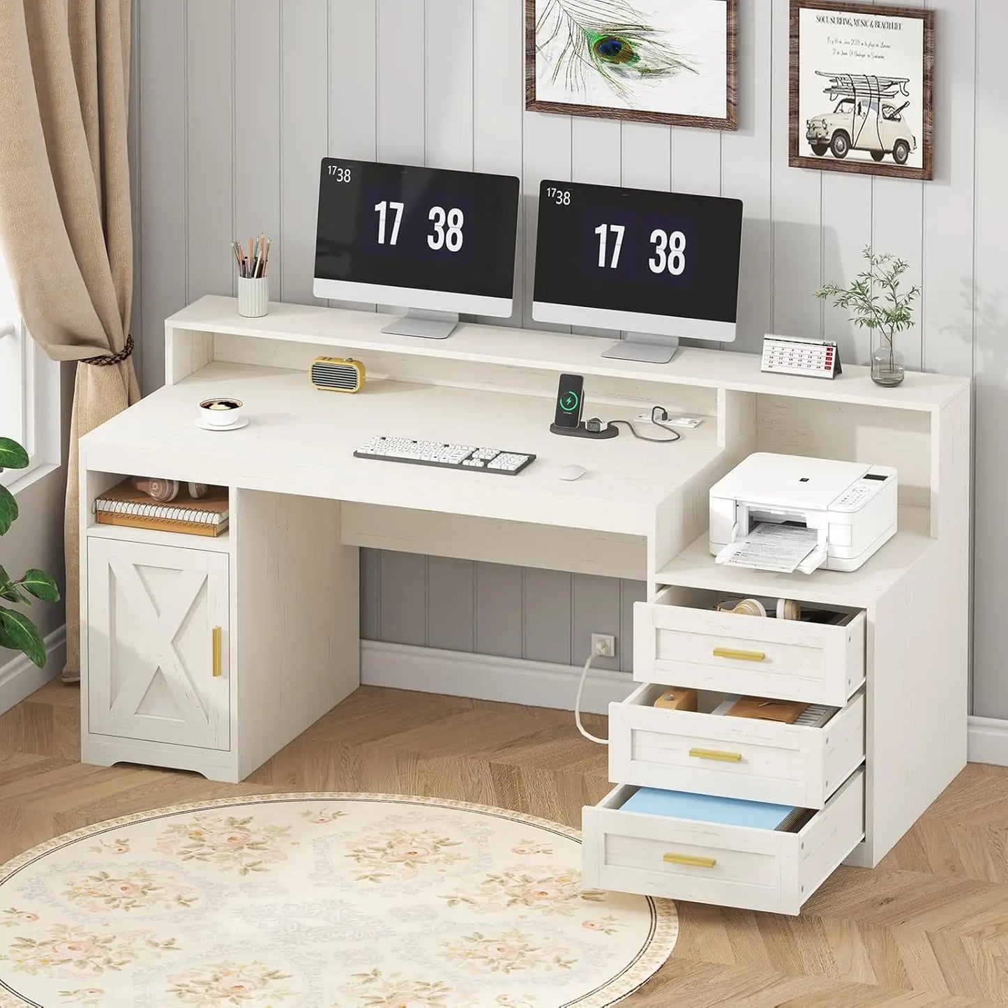 Farmhouse Computer Desk With Drawers And Power Outlets
