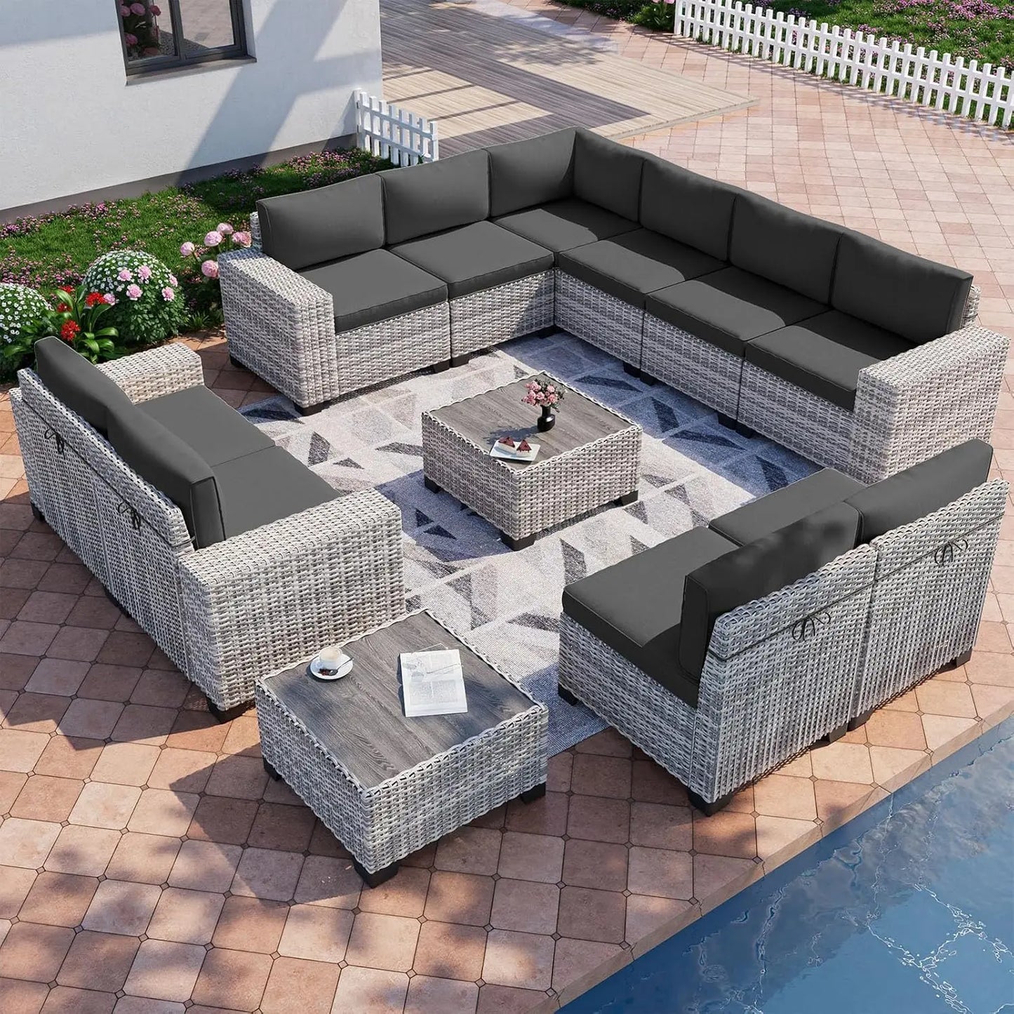 12 Piece Wicker Outdoor Patio Furniture Set With Thick Cushions