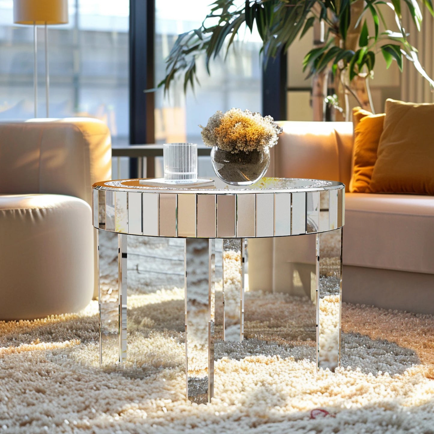 LUVODI Luxurious Contemporary Round Mirrored Accent Side Table CrystalQuartz Inlays