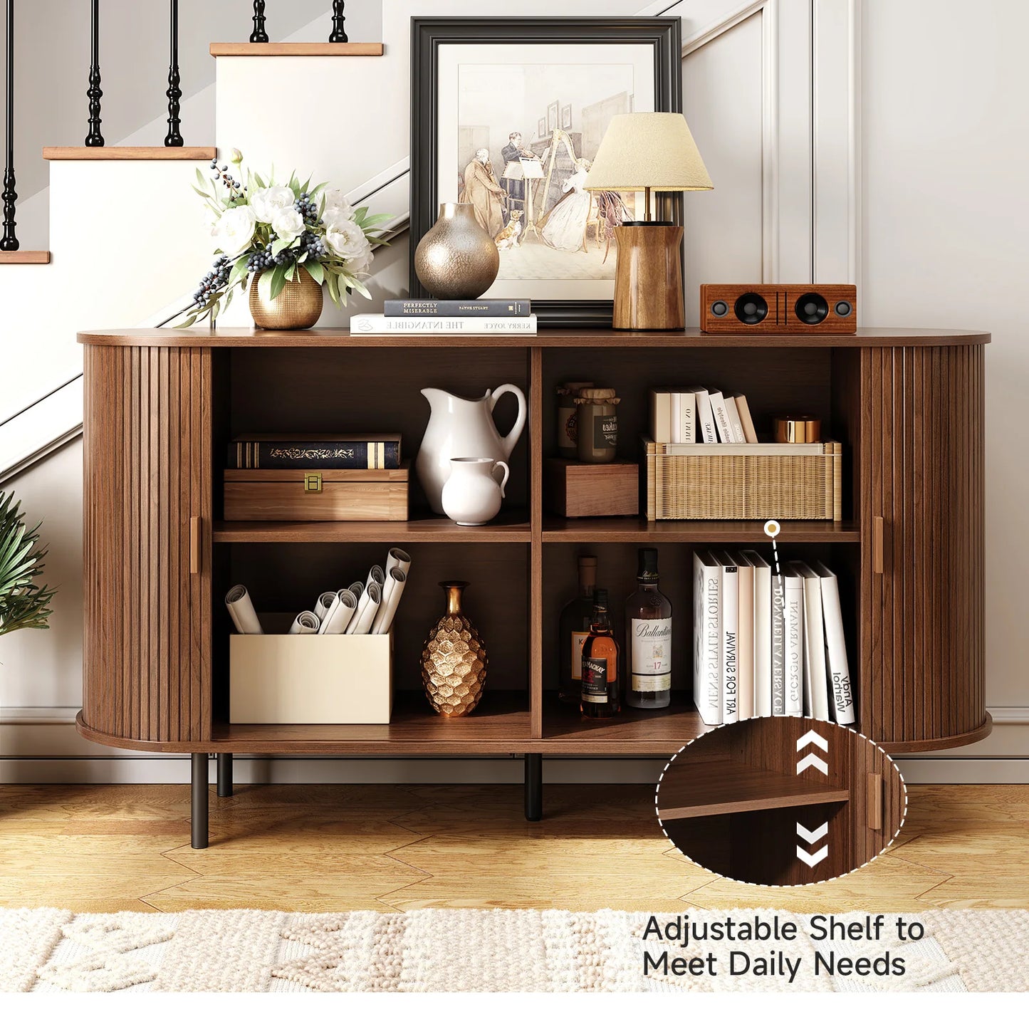 Wood Sideboard Buffet Cabinet With Adjustable Shelves Living Room