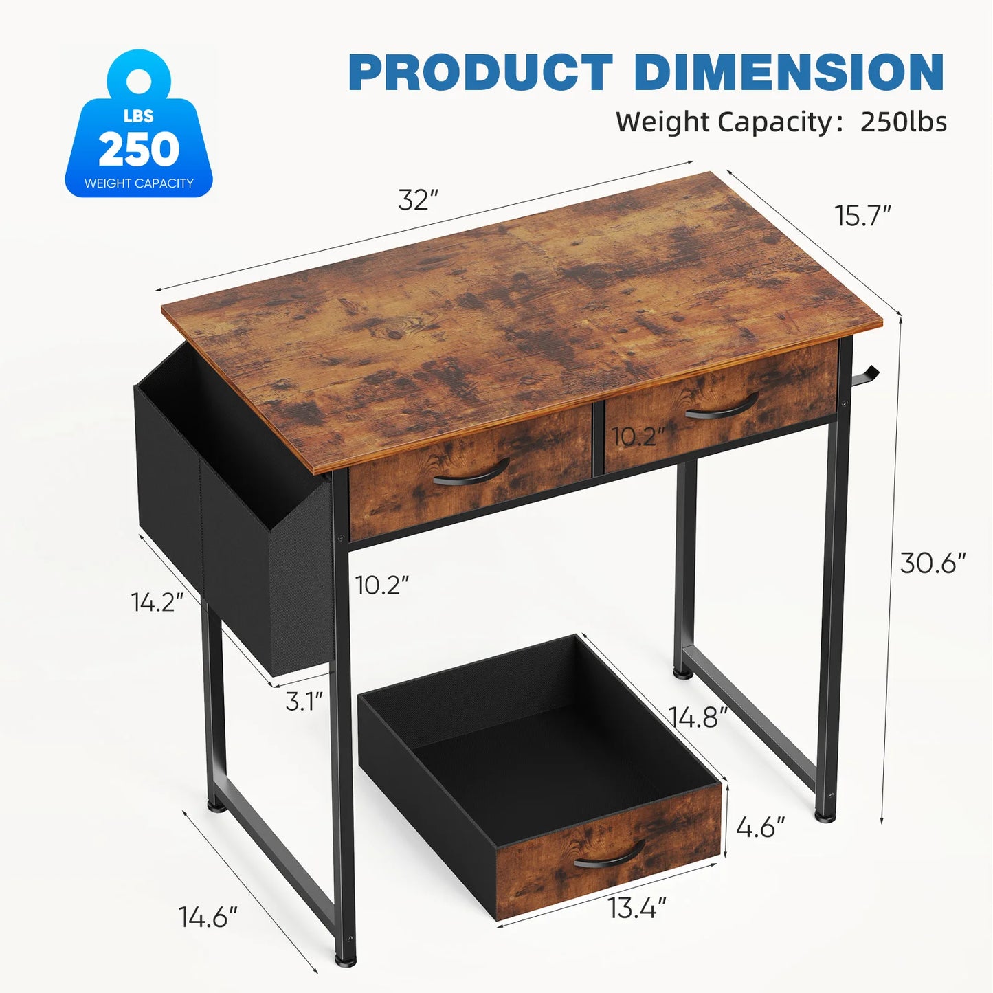JHK Modern Office Desk With Metal Frame And Fabric Drawers