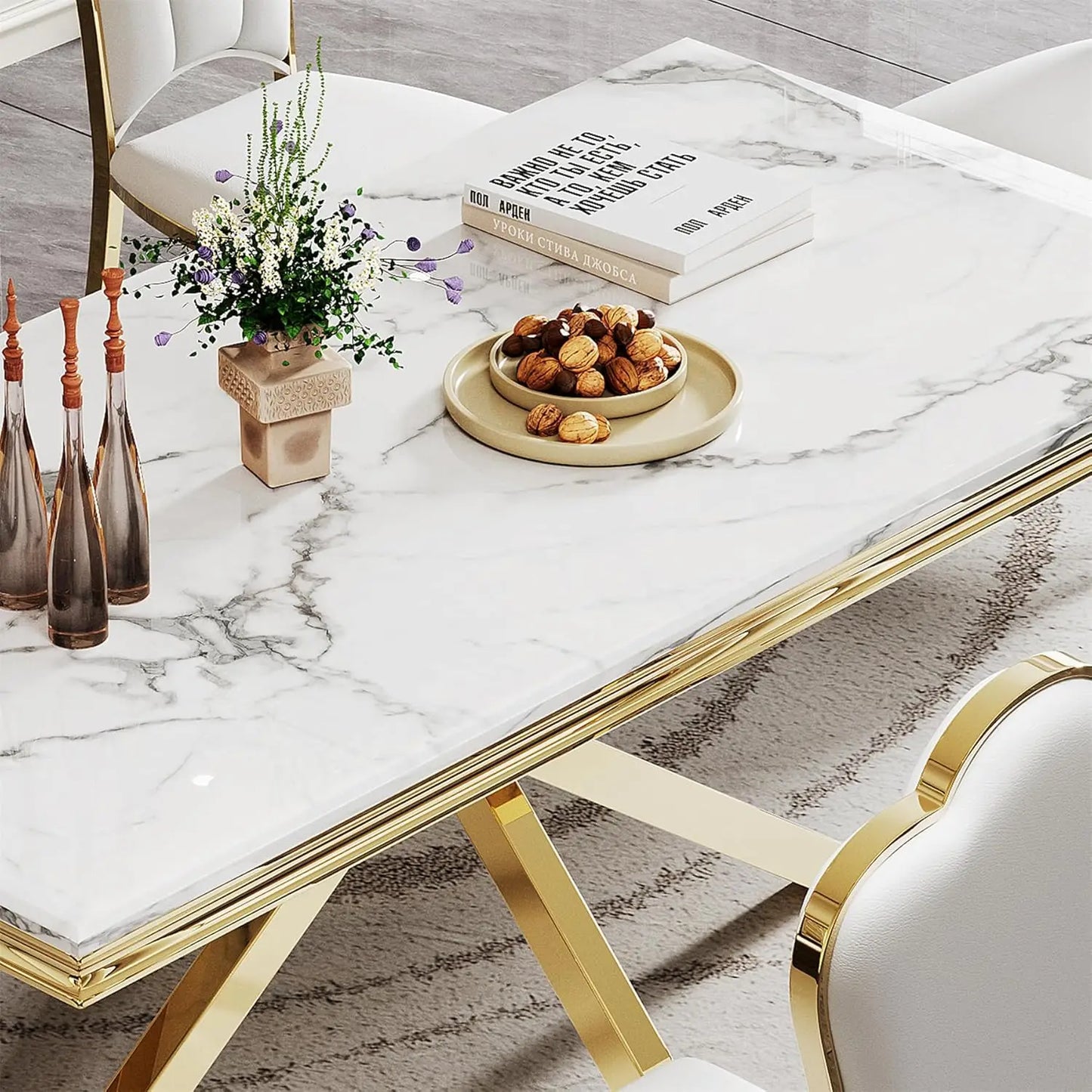 Marble Dining Table With Stainless Steel X Base For GourmetDiningRoomShowcaseExcellence