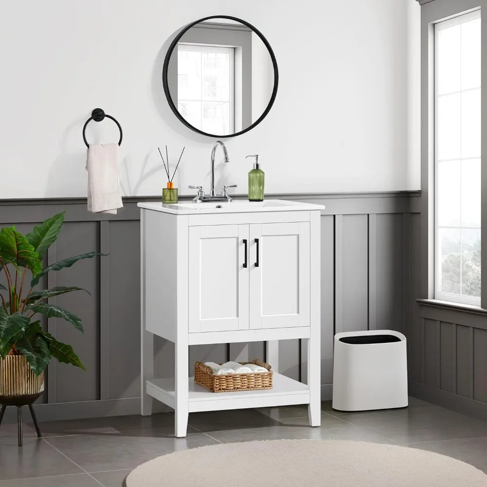 24 Inch Solid Wood Bathroom Vanity With Ceramic Sink Storage