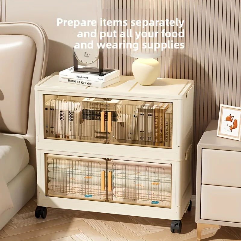 Three To Five Tier Foldable Cabinet With Lidded Storage On Wheels Stackable